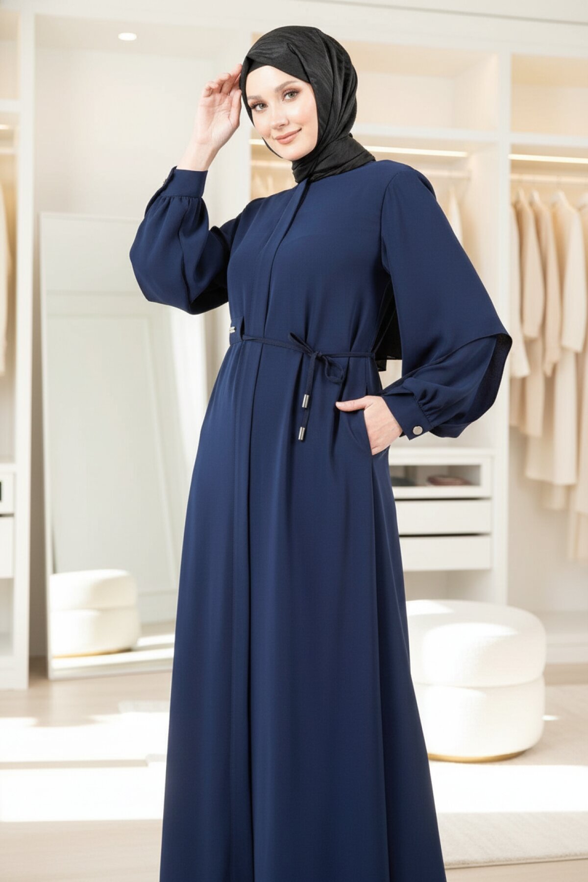 Double Sleeve Abaya - Navy Blue - Beyza