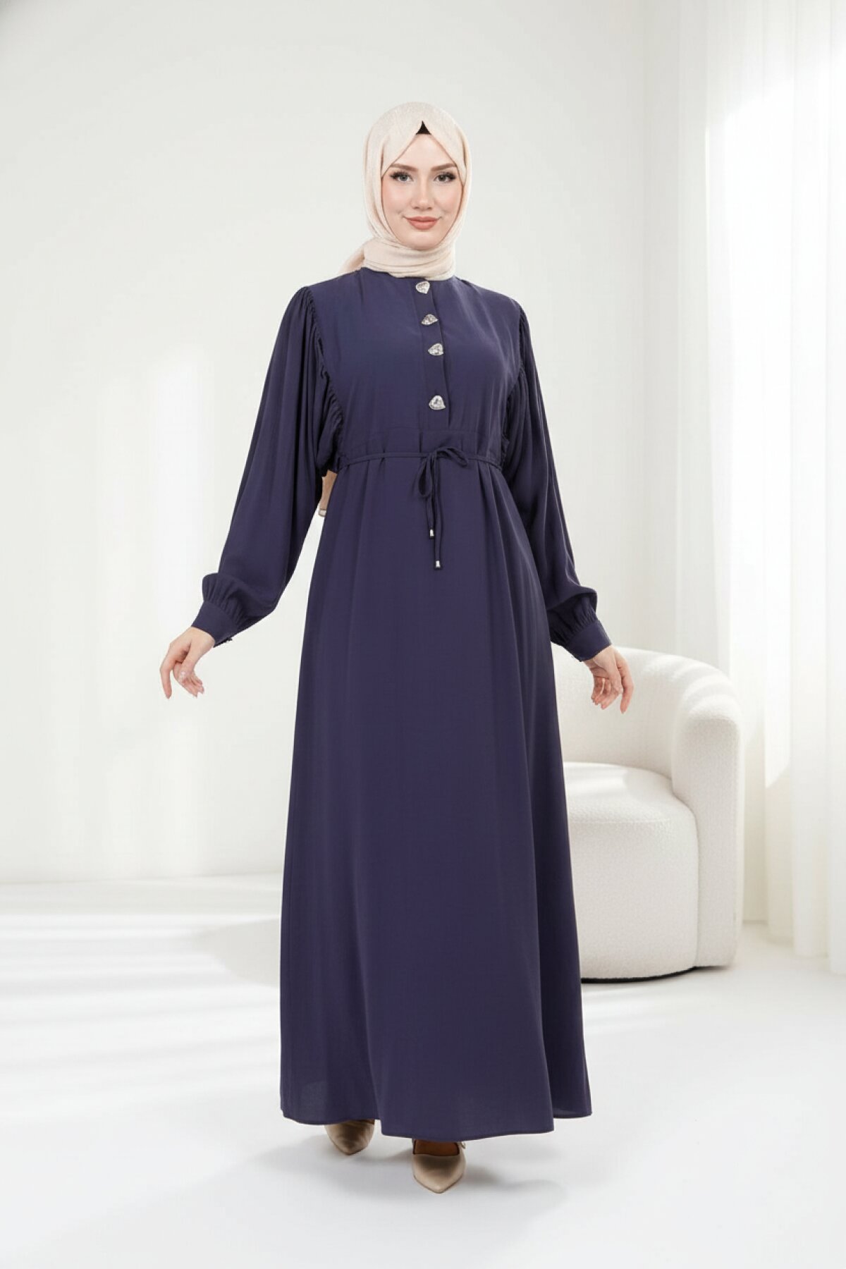 Modal Button-Detail Modest Dress - Navy Blue - Beyza