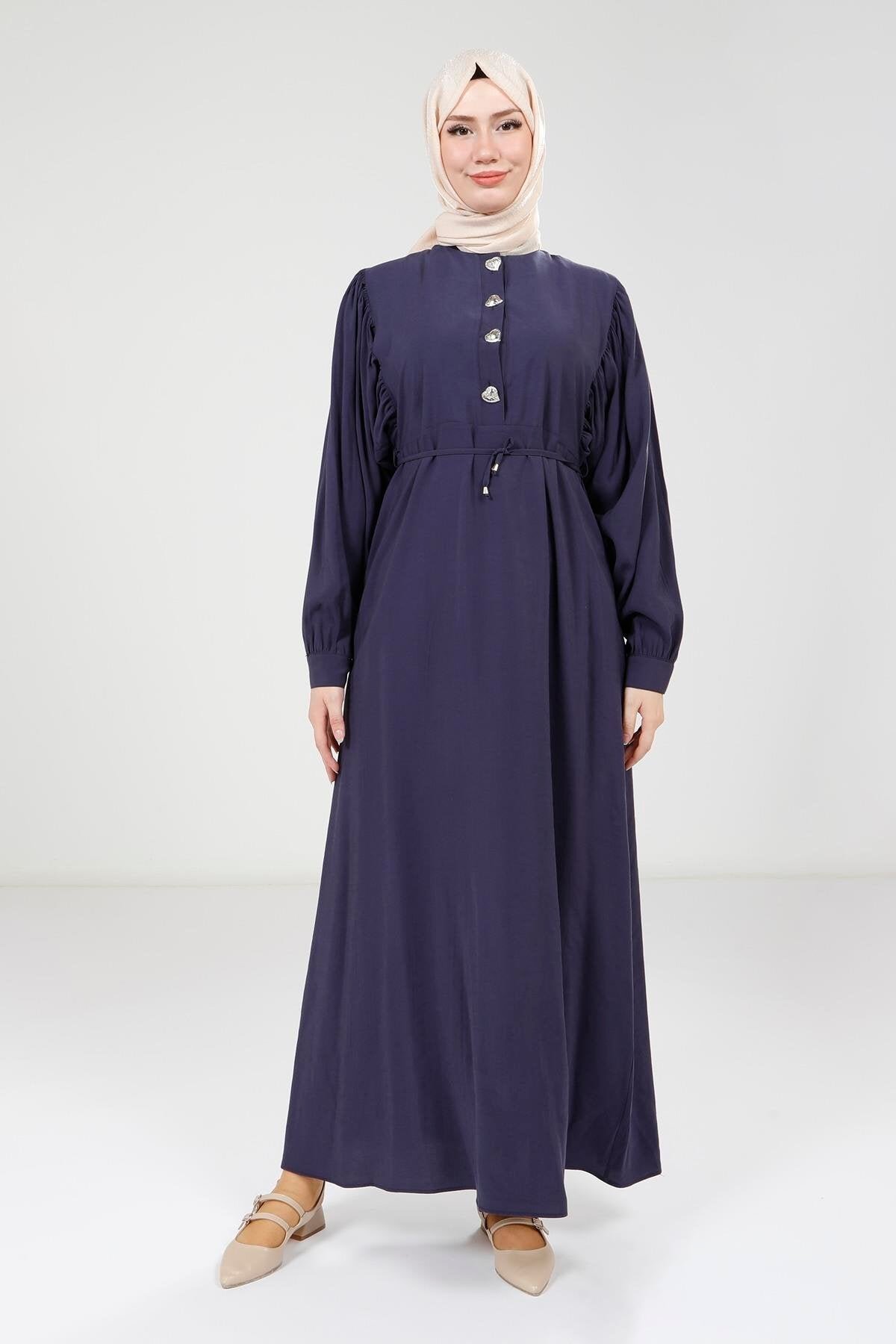 Modal Button-Detail Modest Dress - Navy Blue - Beyza