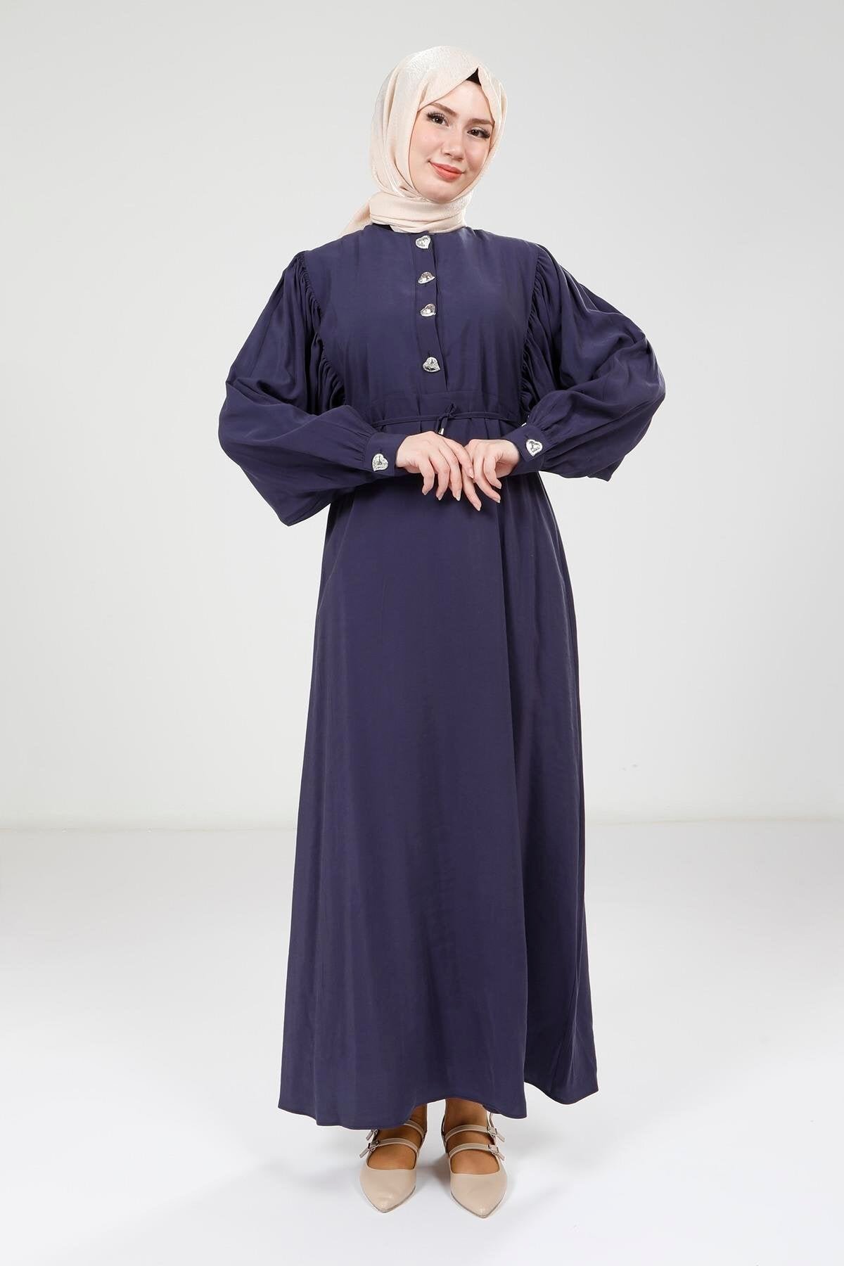 Modal Button-Detail Modest Dress - Navy Blue - Beyza