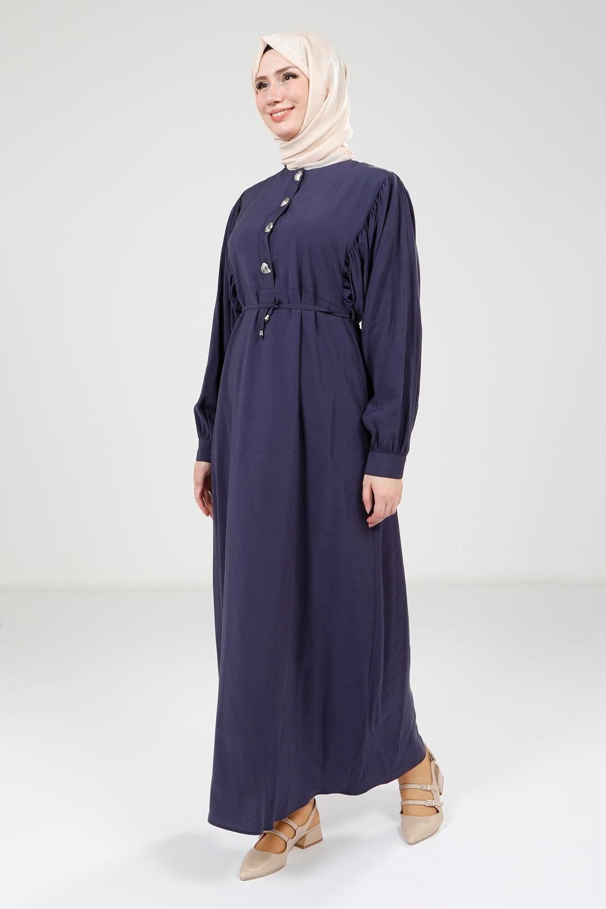 Modal Button-Detail Modest Dress - Navy Blue - Beyza