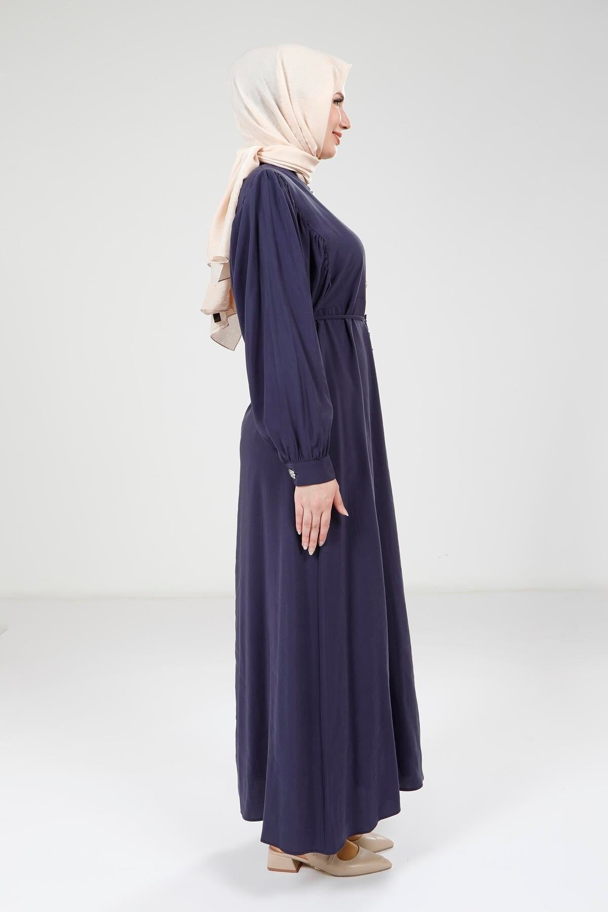 Modal Button-Detail Modest Dress - Navy Blue - Beyza