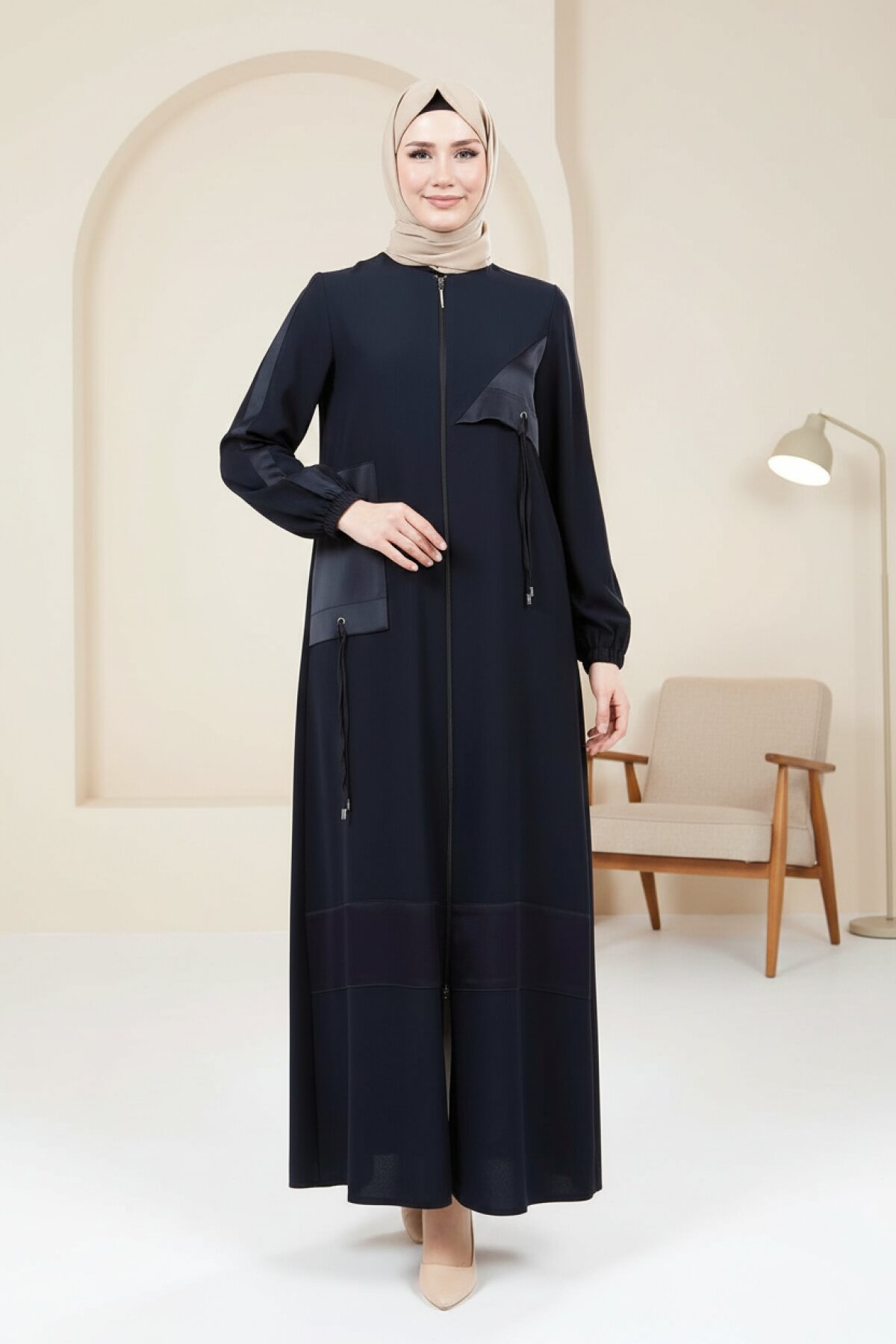 Satin Trimmed Abaya - Navy Blue - Beyza