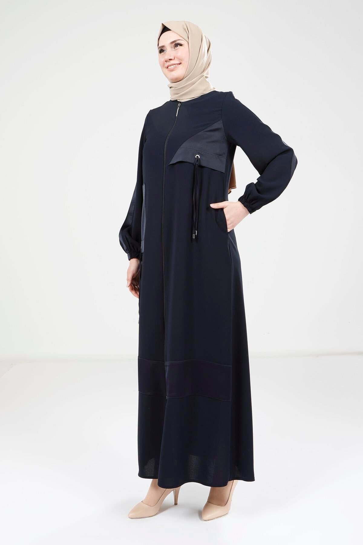 Satin Trimmed Abaya - Navy Blue - Beyza