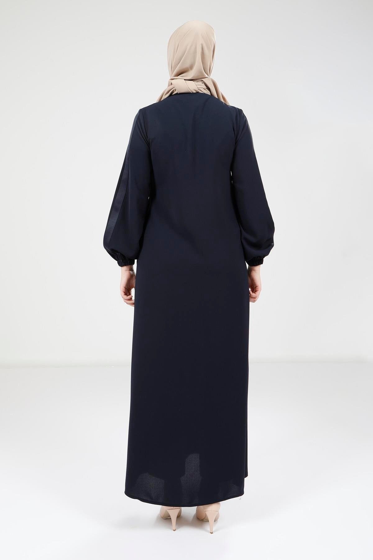 Satin Trimmed Abaya - Navy Blue - Beyza