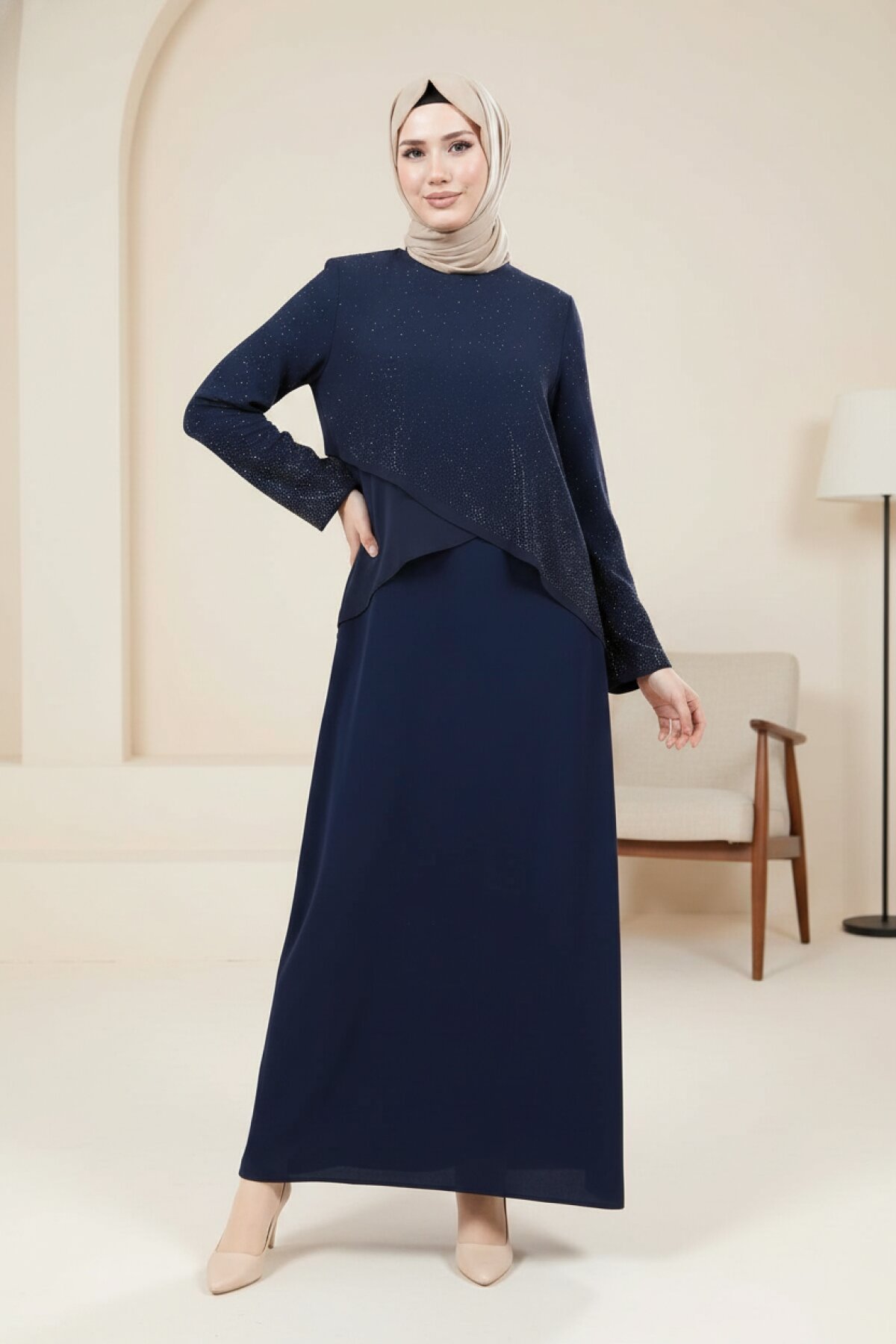 Chiffon Stone-Detailed Modest Dress - Navy Blue - Beyza
