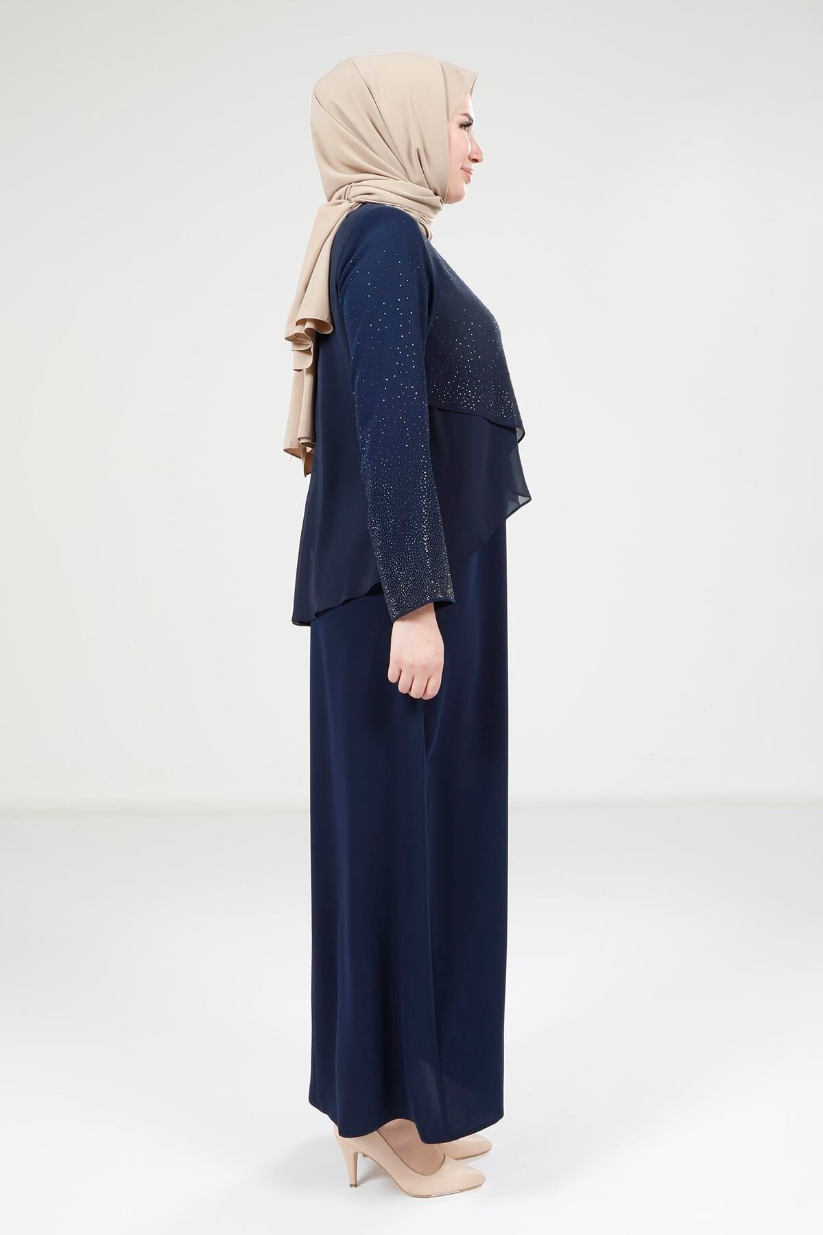 Chiffon Stone-Detailed Modest Dress - Navy Blue - Beyza