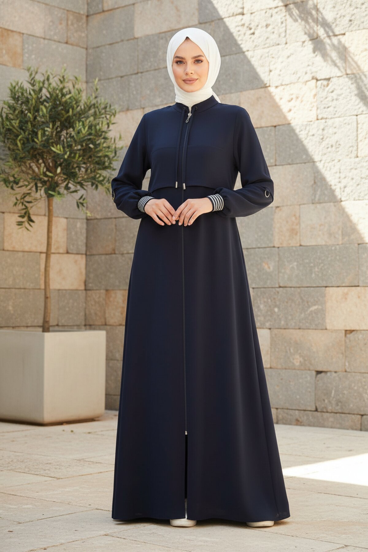 Sporty Ribbed Abaya - Navy Blue - Beyza