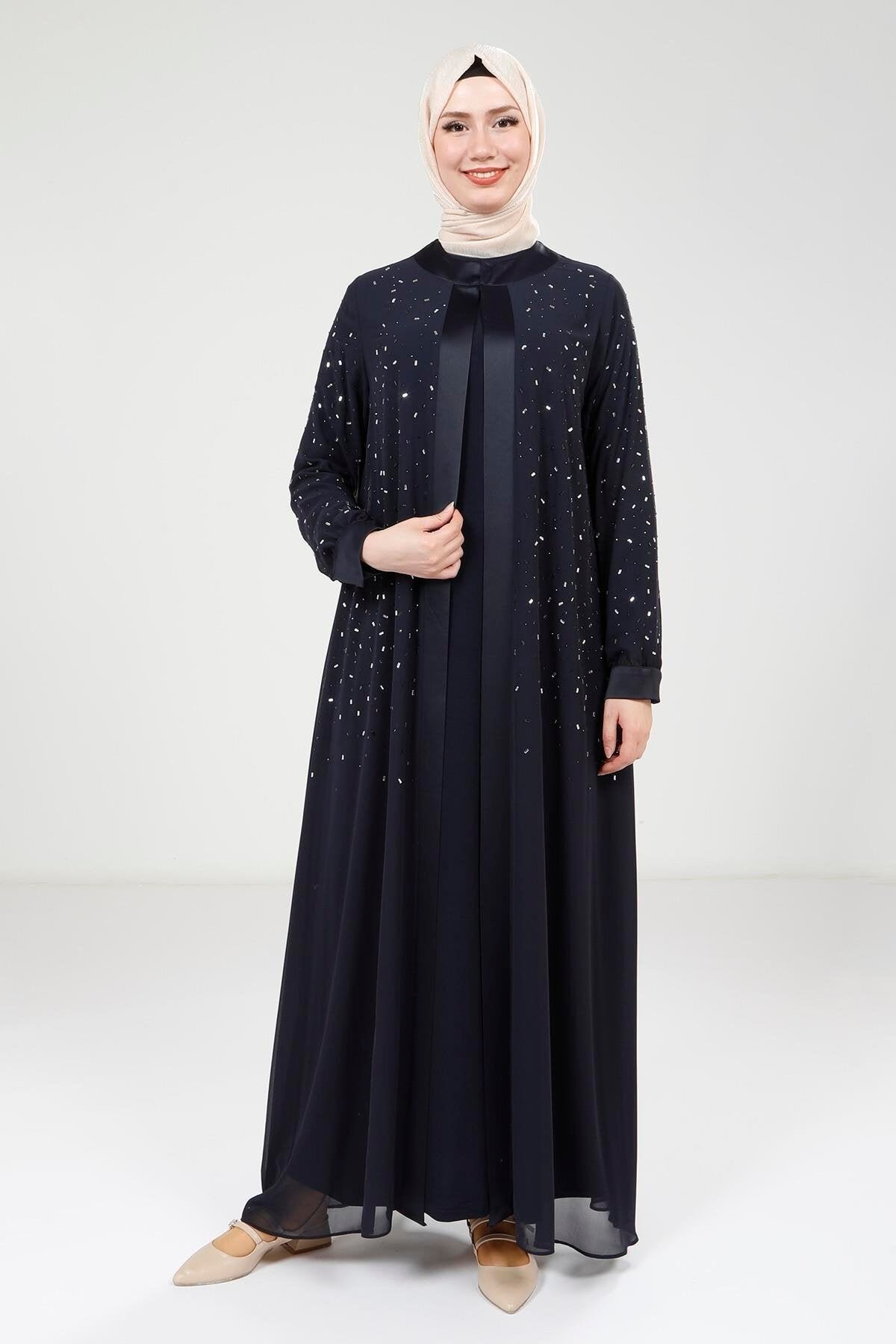 Chiffon Stone-Detailed Ferace Suit - Navy Blue - Beyza