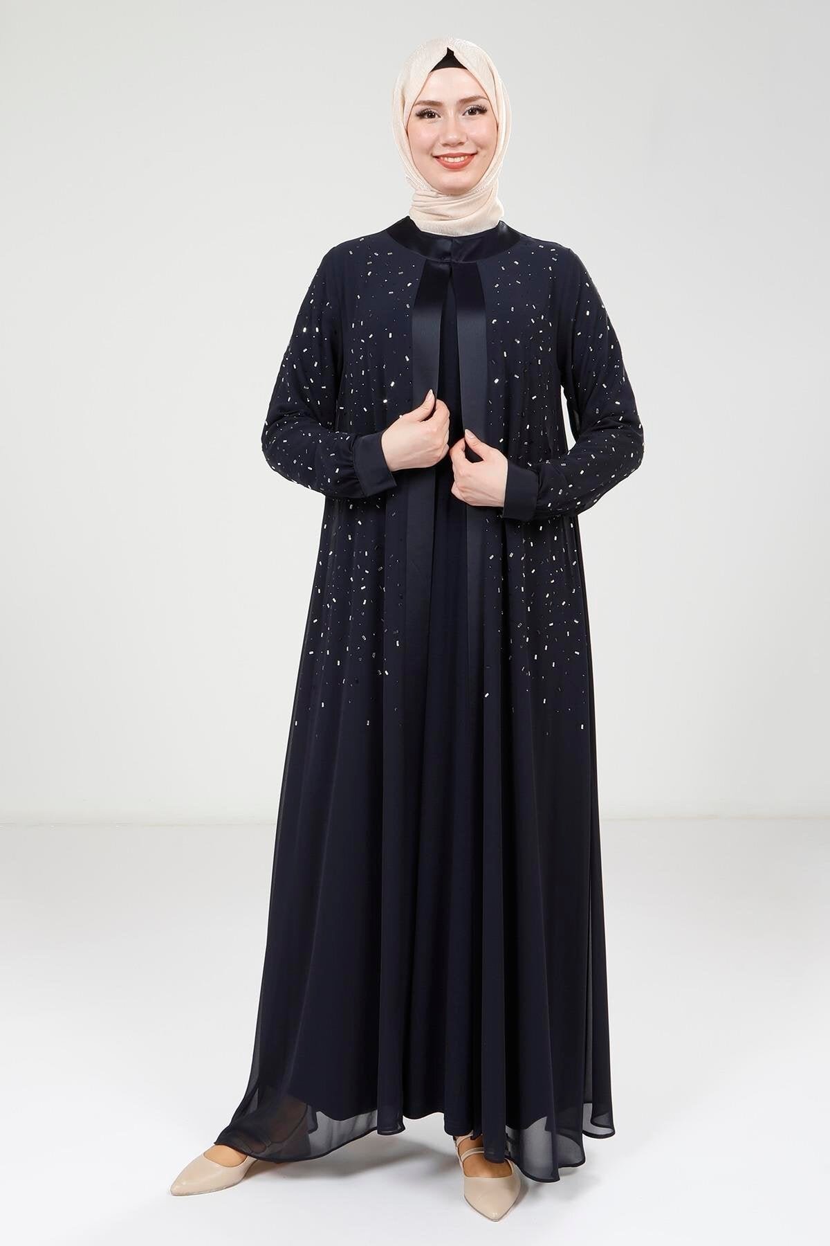 Chiffon Stone-Detailed Ferace Suit - Navy Blue - Beyza
