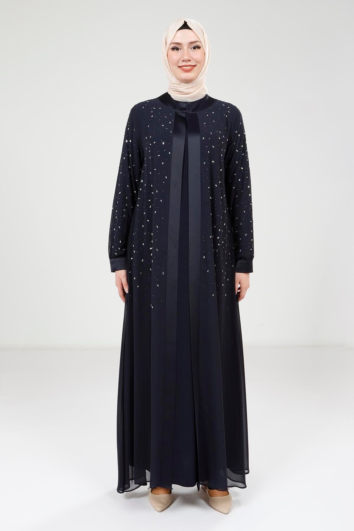 Chiffon Stone-Detailed Ferace Suit - Navy Blue - Beyza