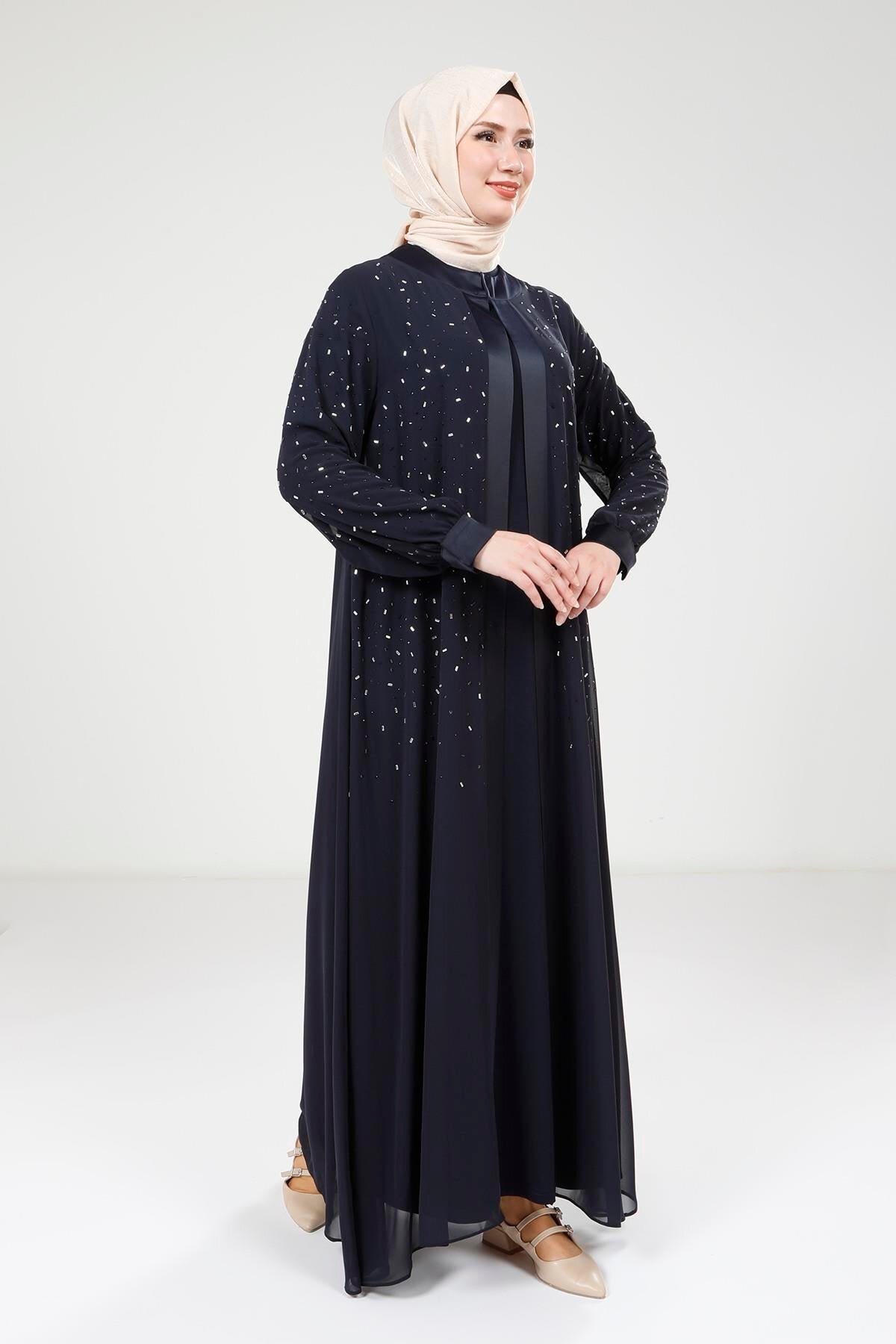 Chiffon Stone-Detailed Ferace Suit - Navy Blue - Beyza