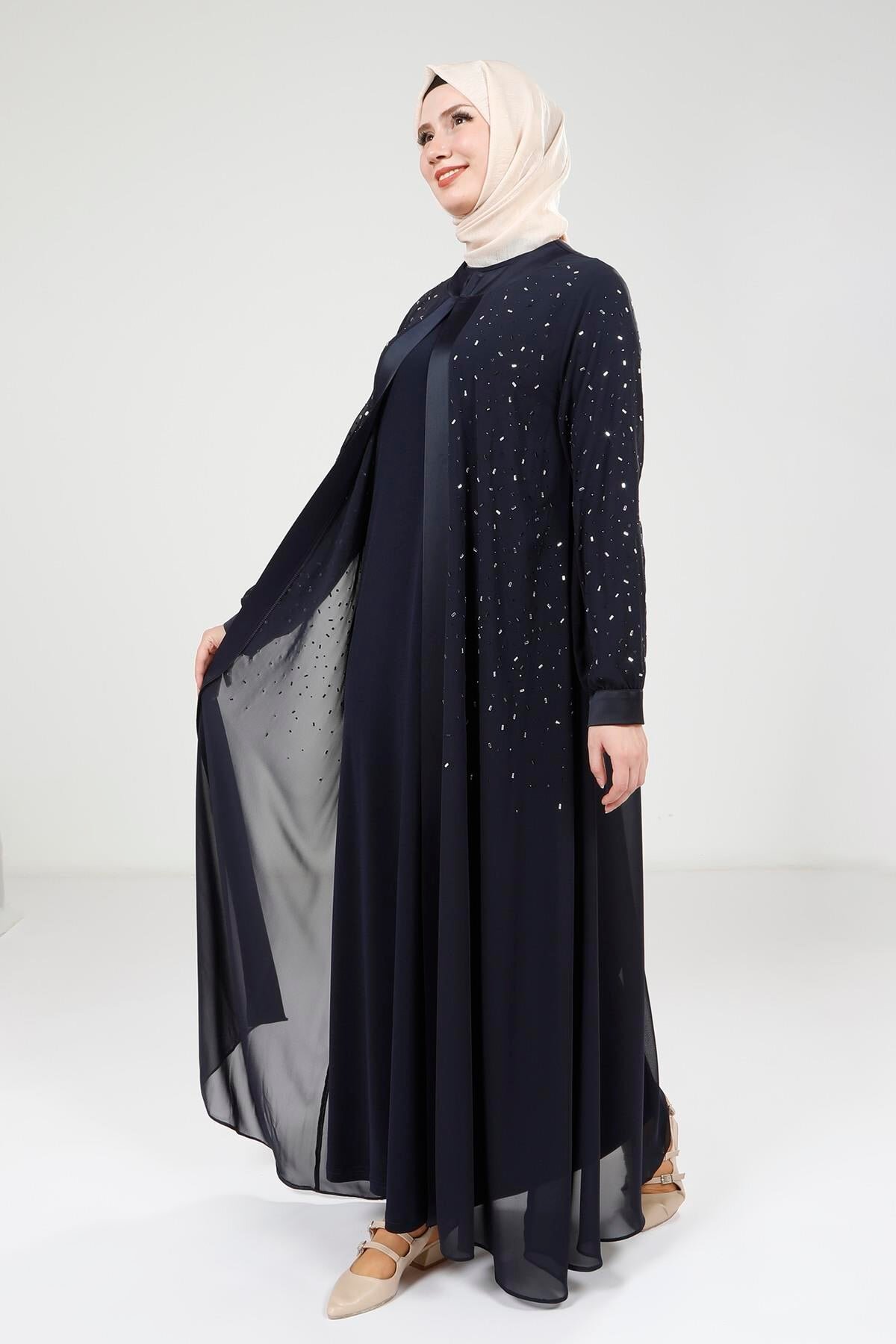 Chiffon Stone-Detailed Ferace Suit - Navy Blue - Beyza