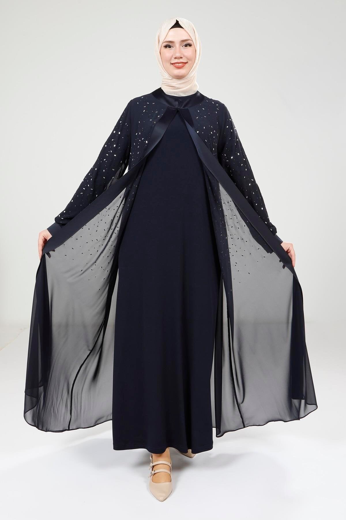 Chiffon Stone-Detailed Ferace Suit - Navy Blue - Beyza