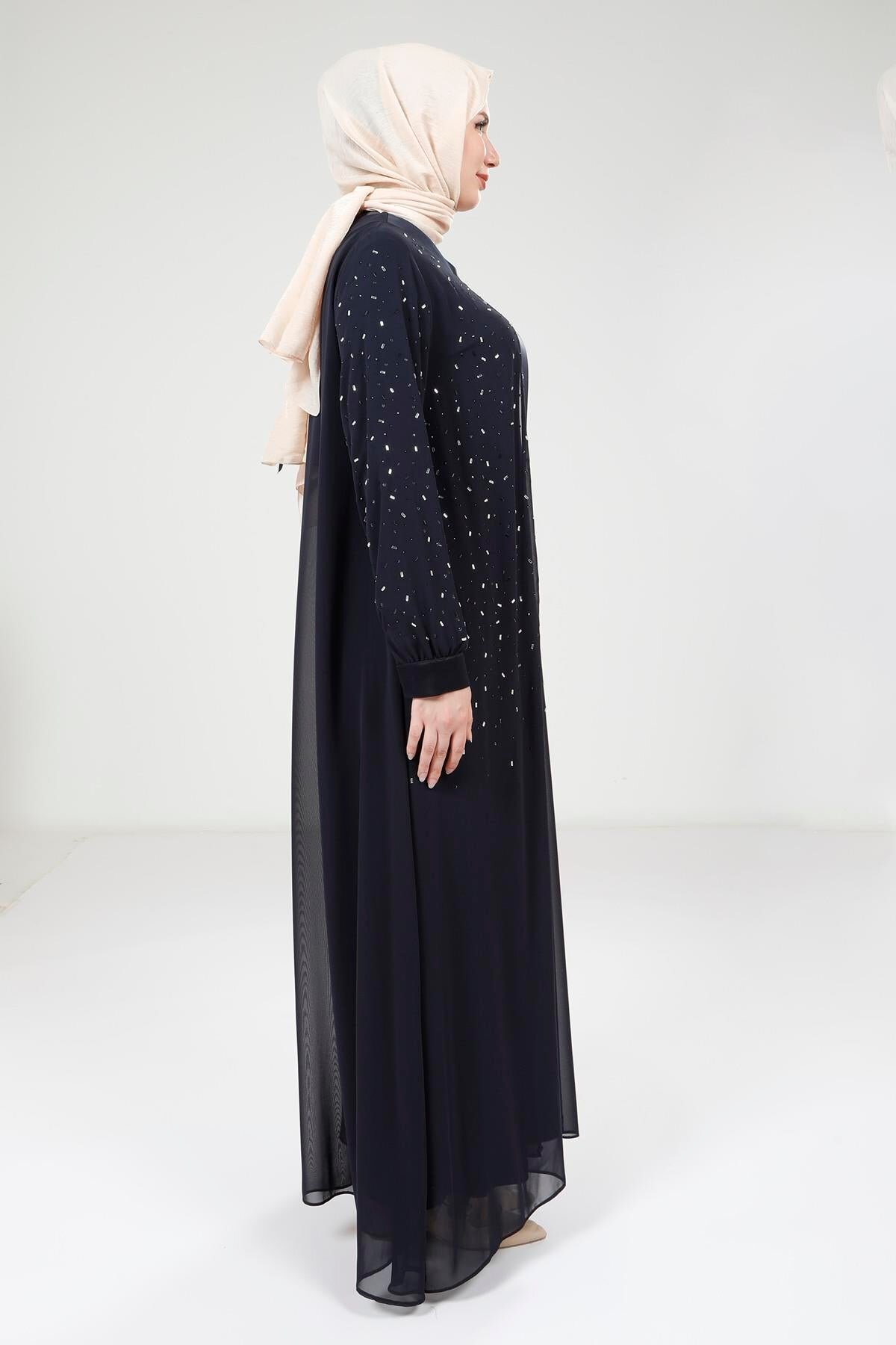 Chiffon Stone-Detailed Ferace Suit - Navy Blue - Beyza