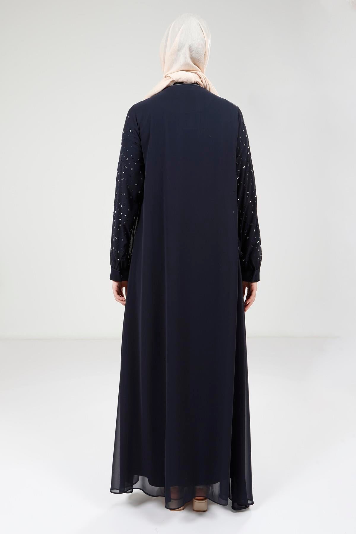 Chiffon Stone-Detailed Ferace Suit - Navy Blue - Beyza