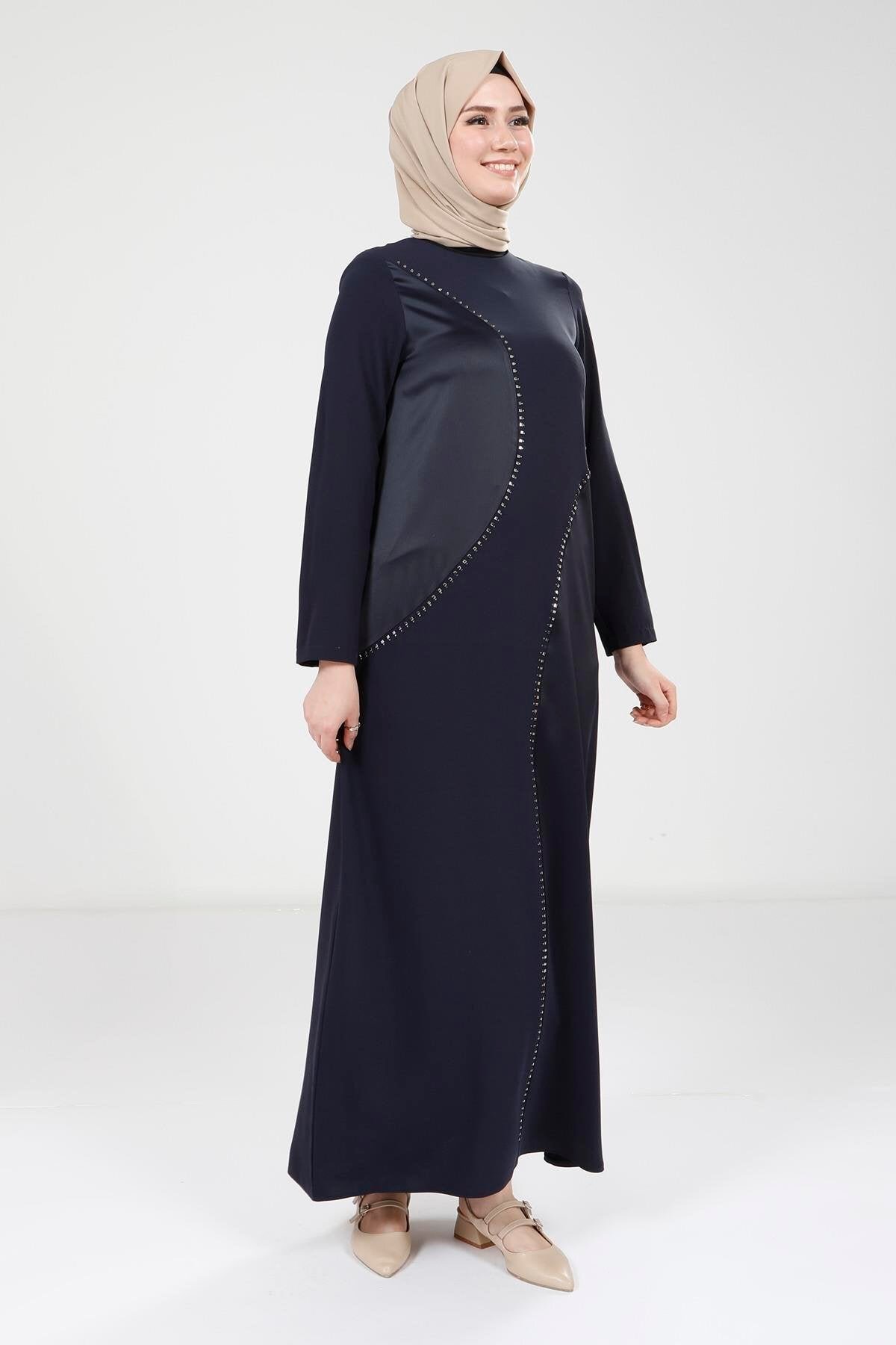 Stone-Detailed Modest Dress - Navy Blue - Beyza