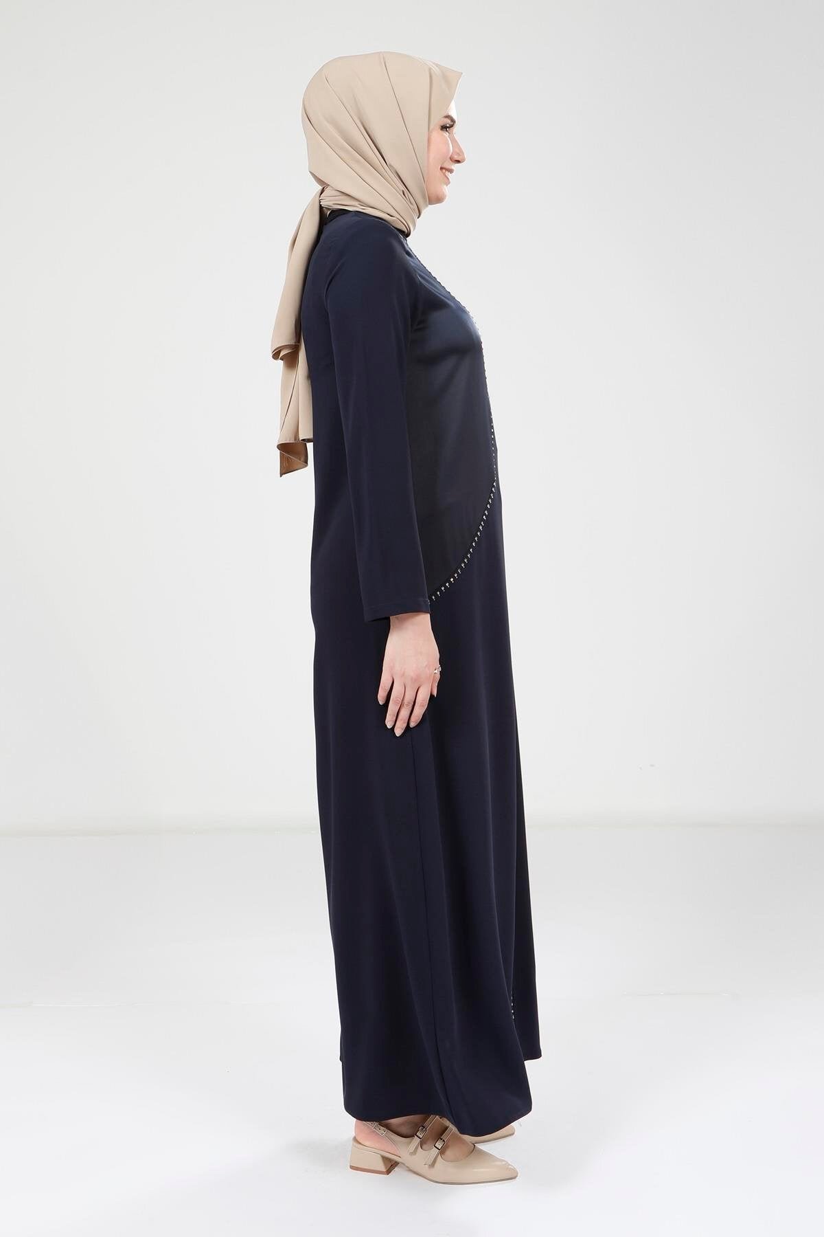 Stone-Detailed Modest Dress - Navy Blue - Beyza