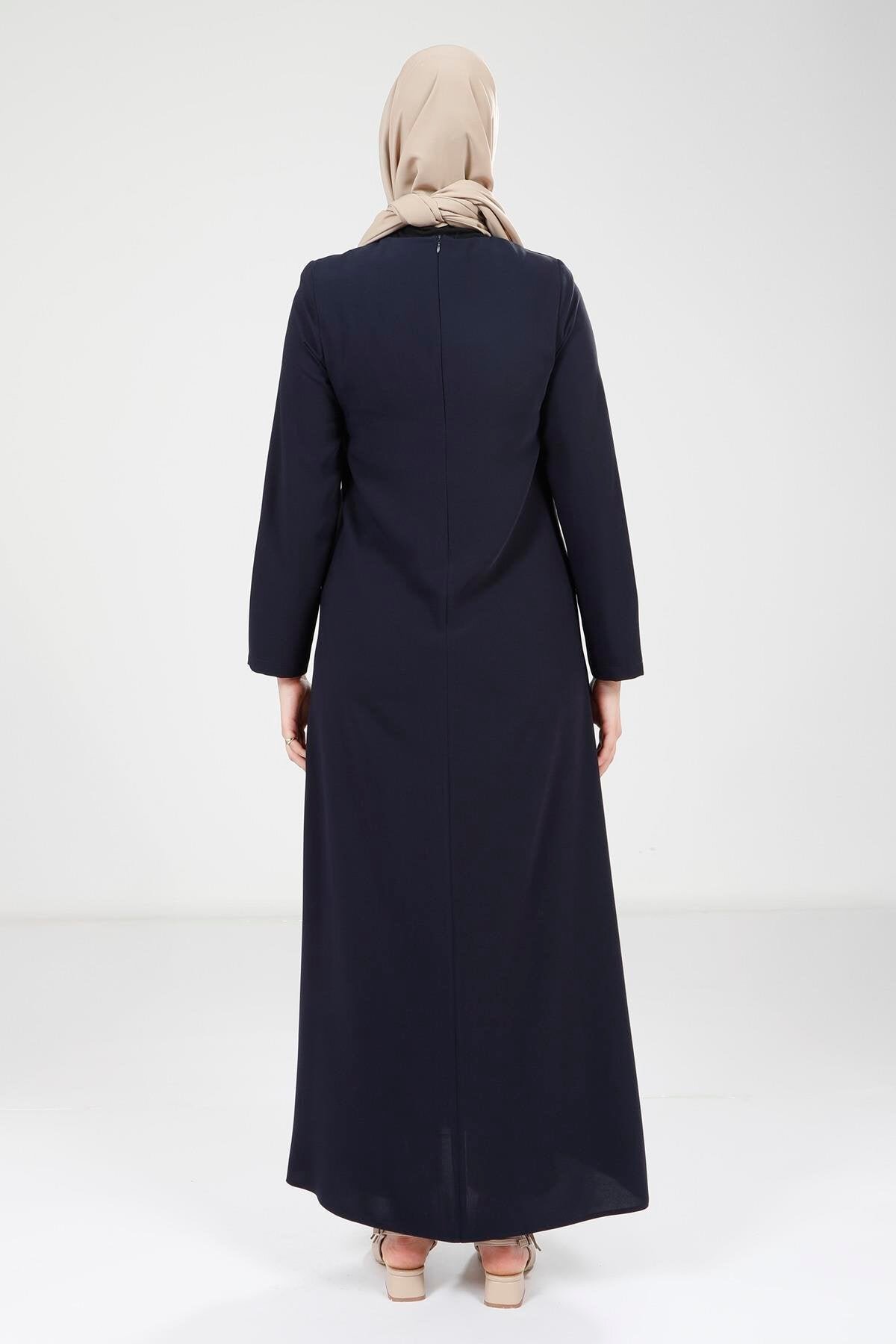 Stone-Detailed Modest Dress - Navy Blue - Beyza
