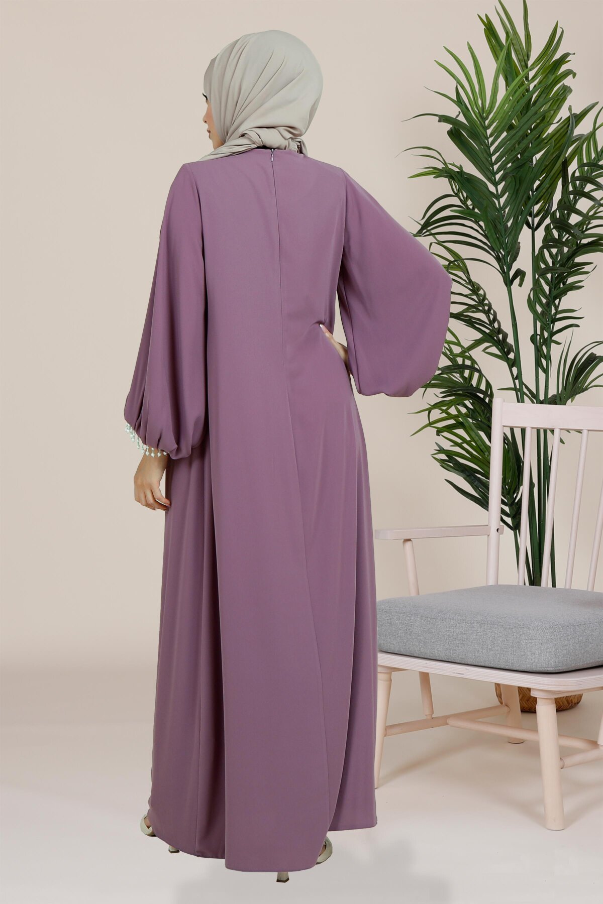 Pleated Sleeve Pearl-Detail Modest Evening Dress - Lilac - Beyza