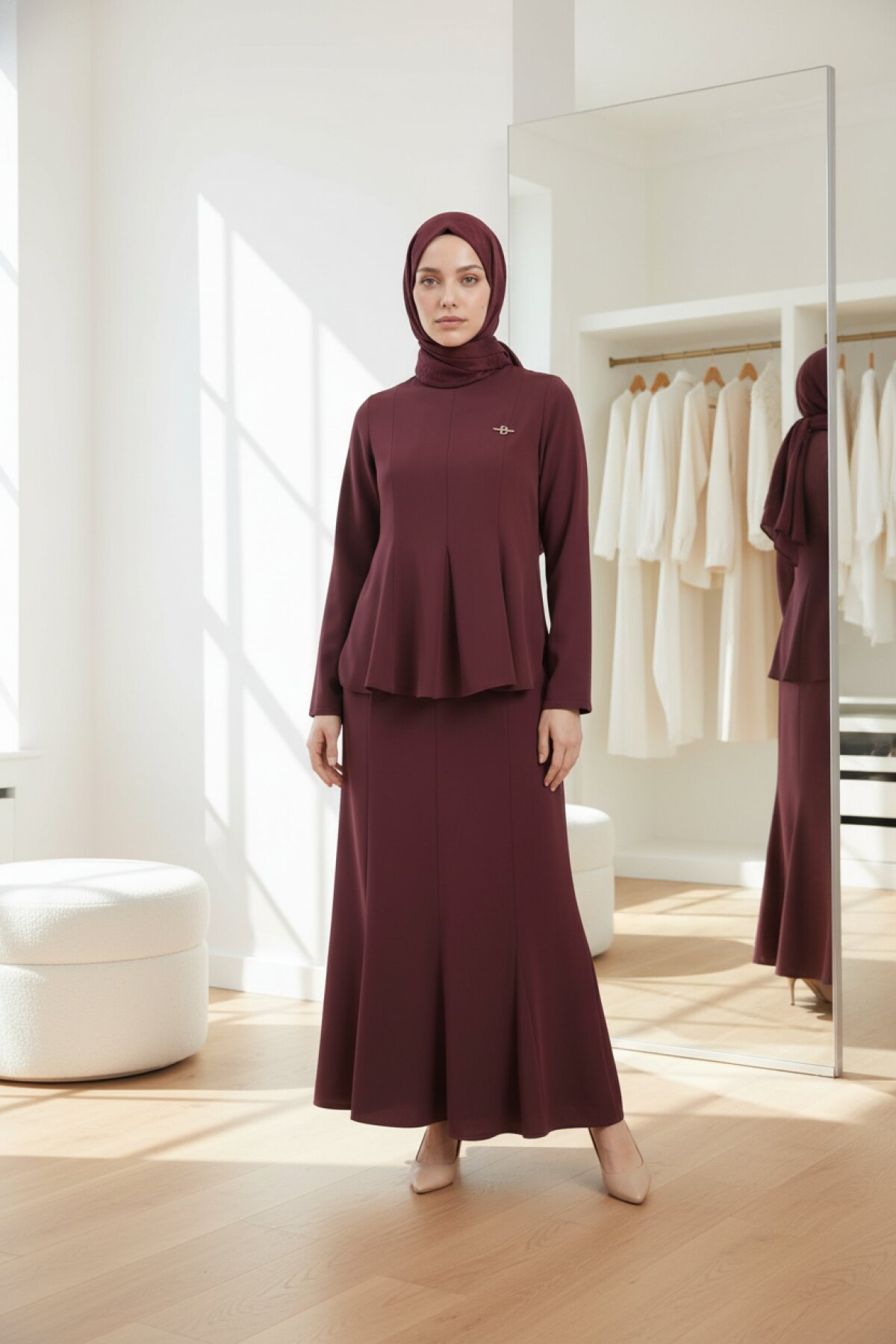 Mürdüm Etekli İkili Tesettür Takım - Beyza