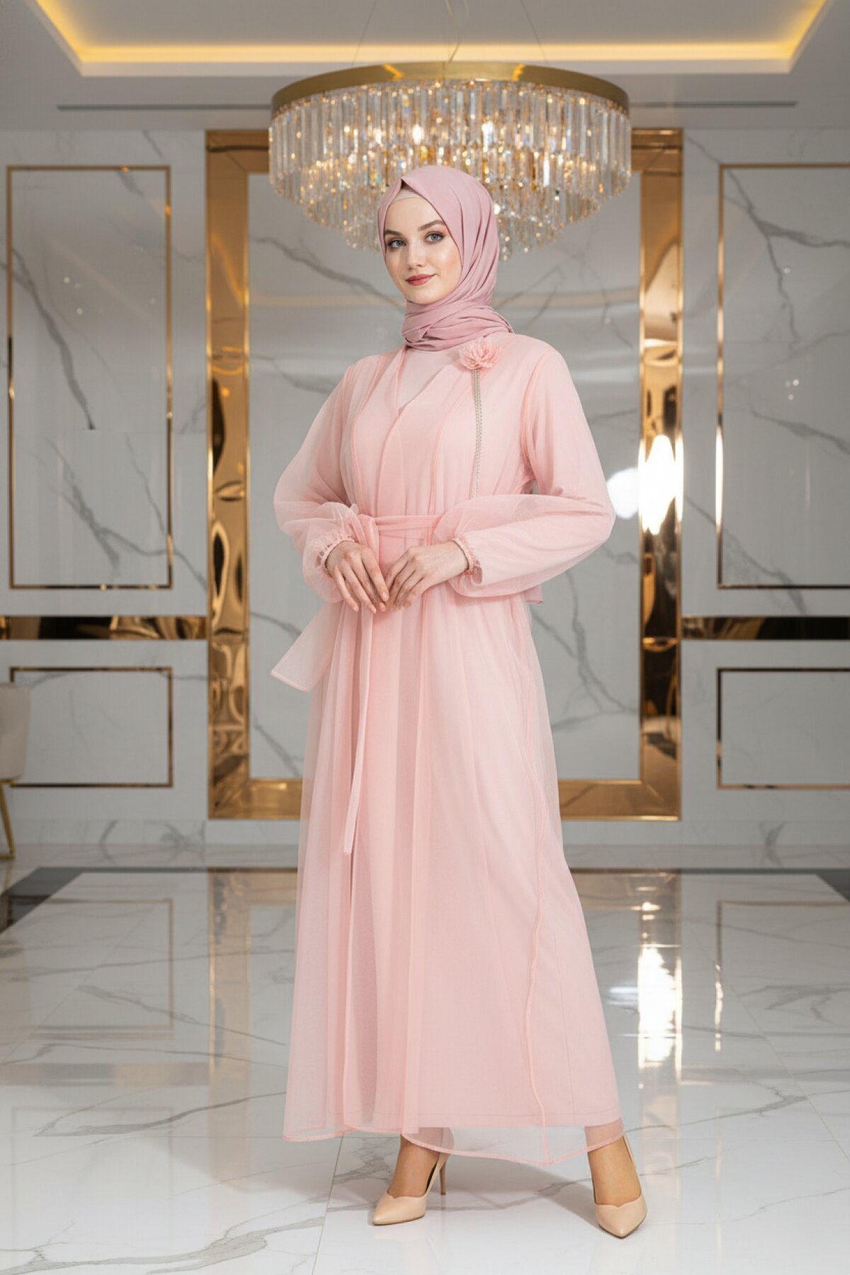 Organze Belted Ferace - Pink - Beyza