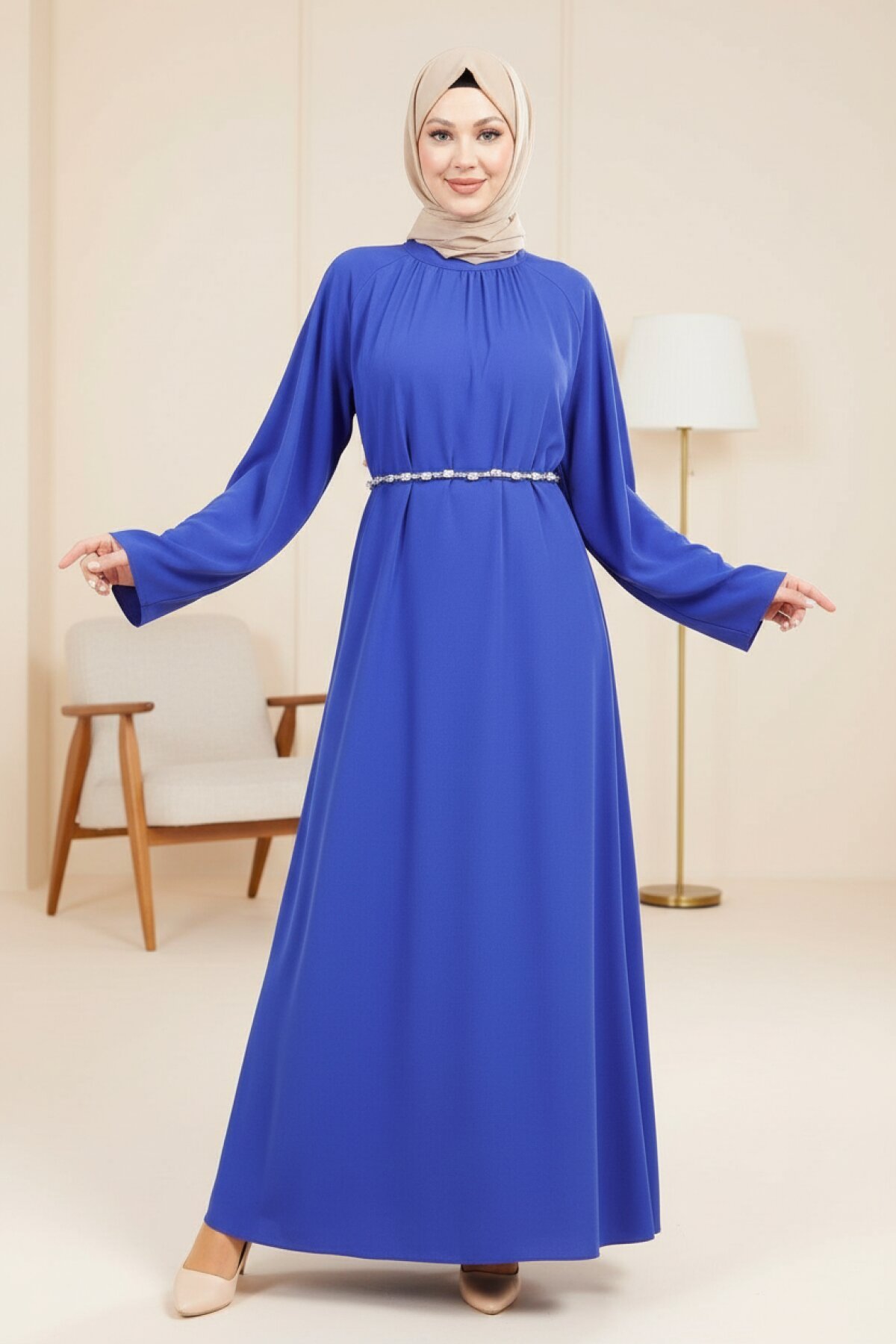 Stone Belt Modest Dress - Sax Blue - Beyza