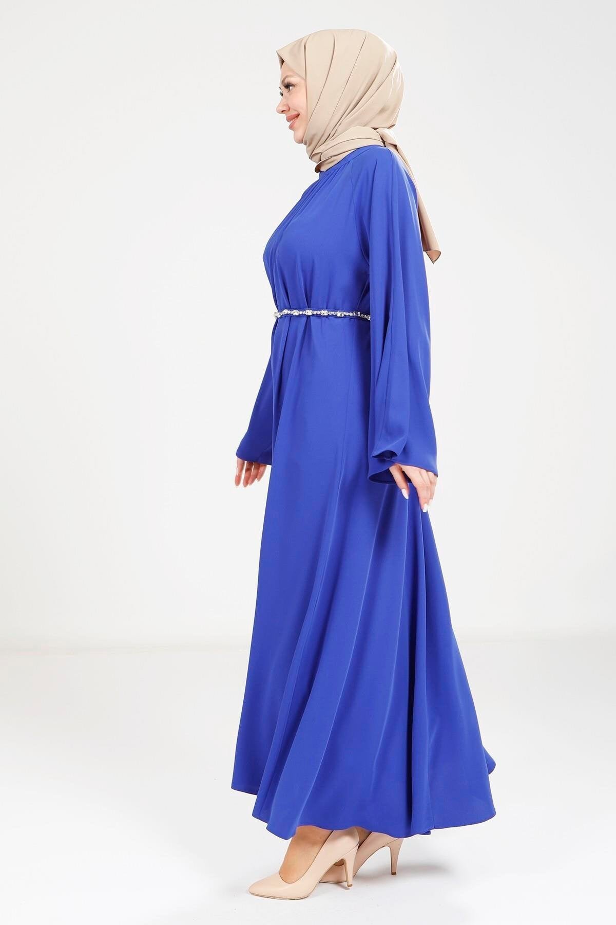 Stone Belt Modest Dress - Sax Blue - Beyza