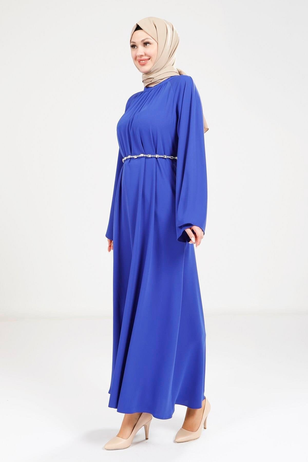 Stone Belt Modest Dress - Sax Blue - Beyza
