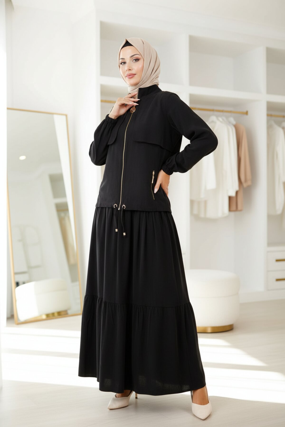 Jacketed Modest Dress - Black - Beyza