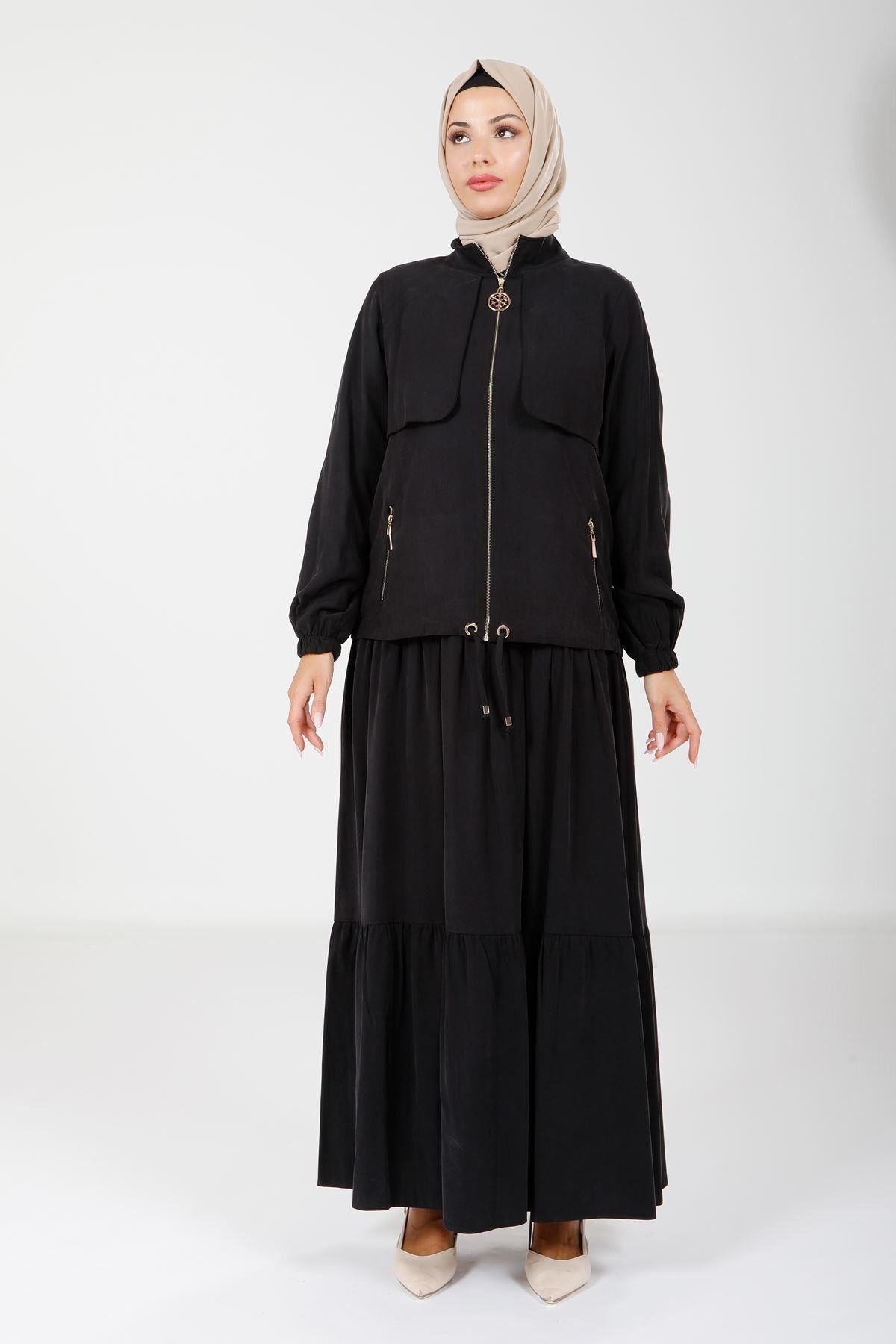 Jacketed Modest Dress - Black - Beyza