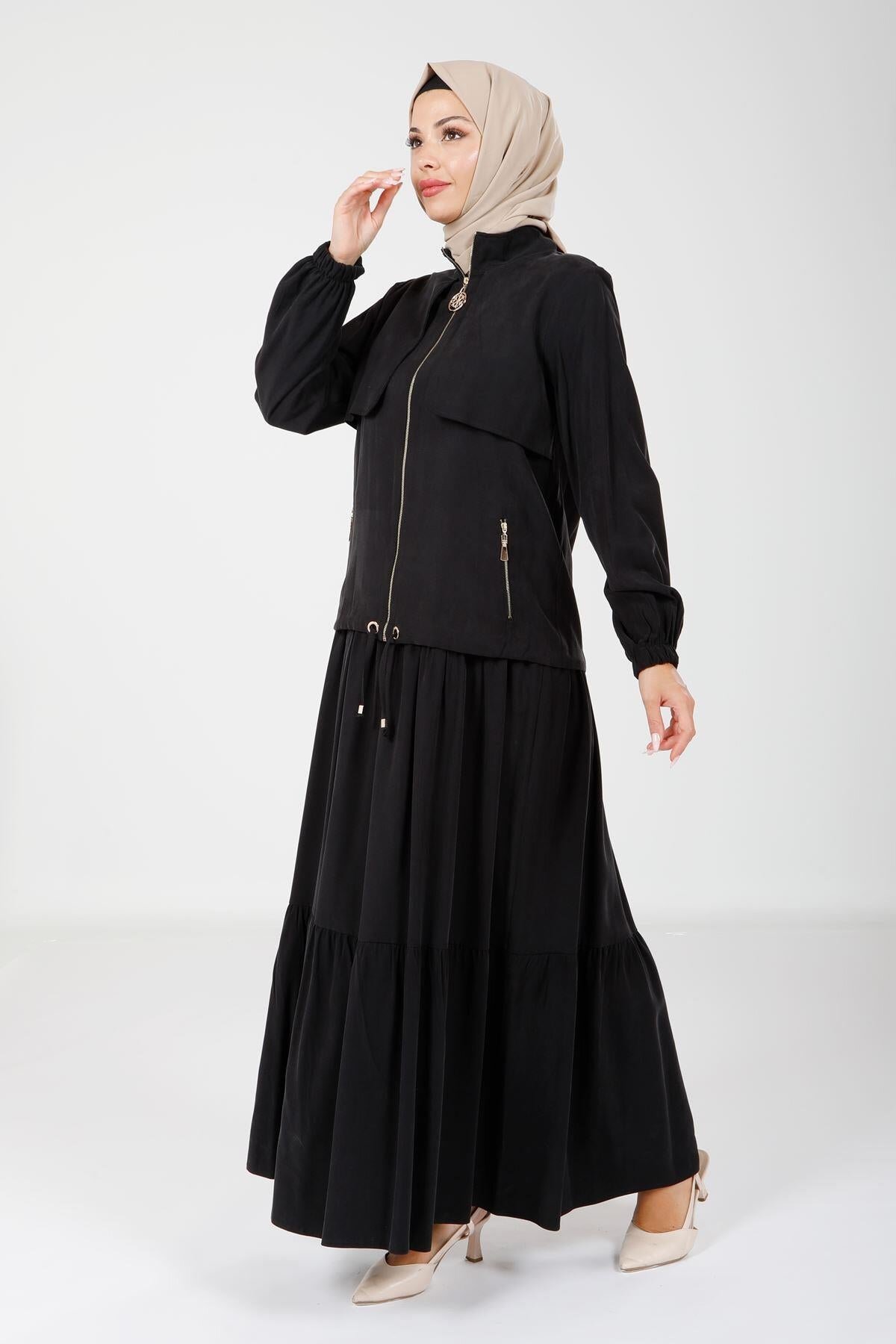 Jacketed Modest Dress - Black - Beyza