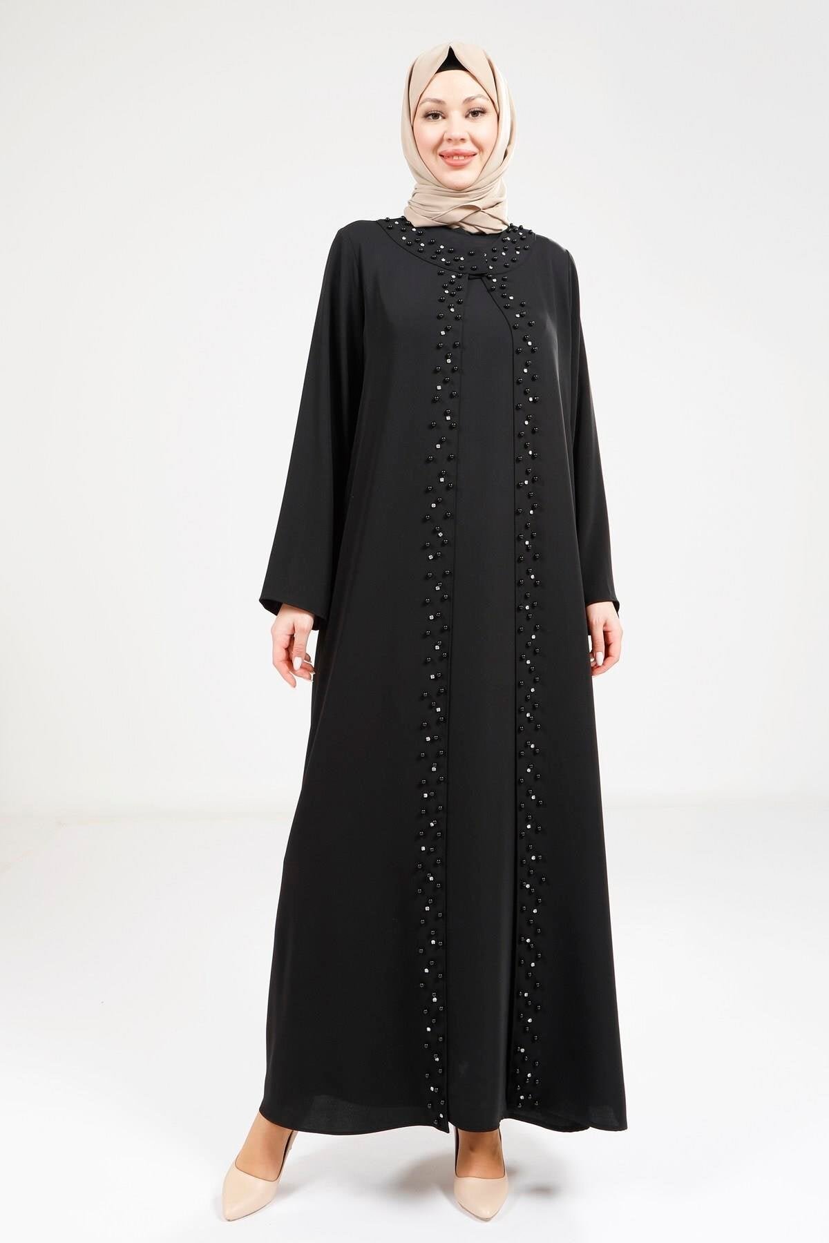 Pearl-Detail Abaya - Black - Beyza