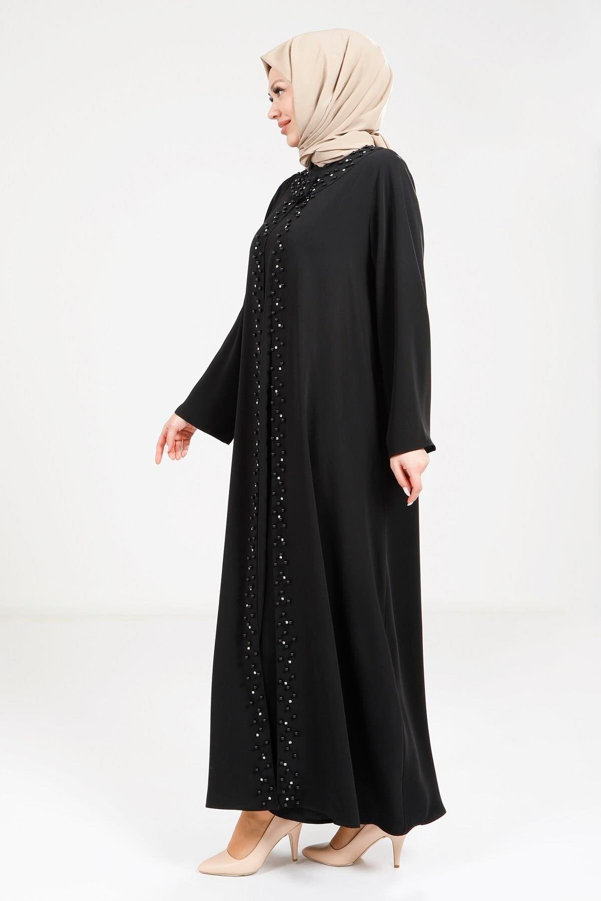Pearl-Detail Abaya - Black - Beyza
