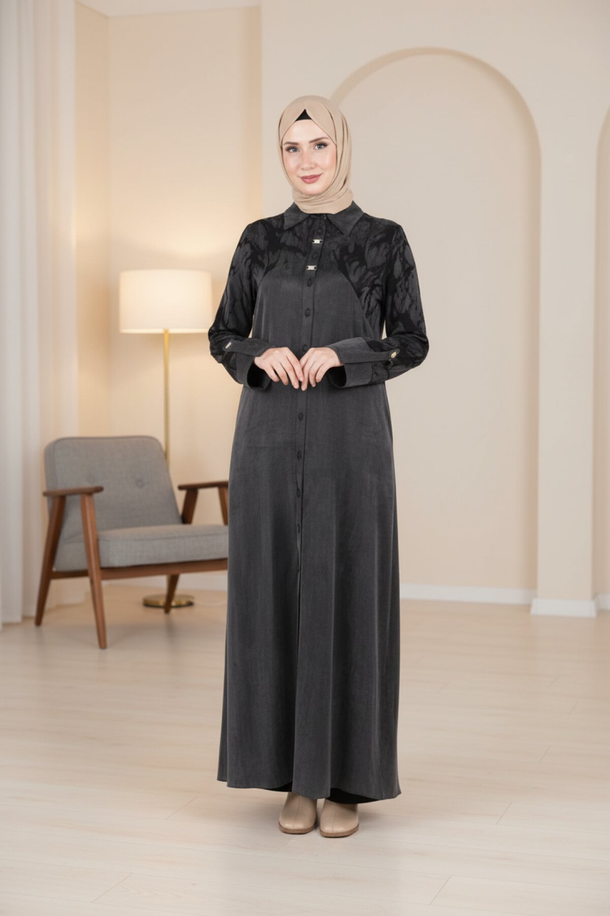 Self-Patterned Bow-Collar Modest Dress - Black - Beyza