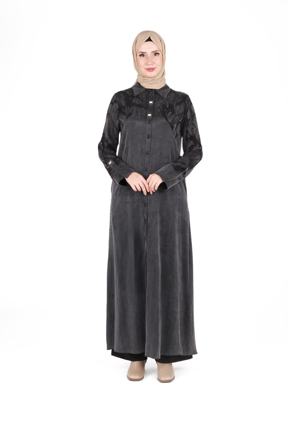 Self-Patterned Bow-Collar Modest Dress - Black - Beyza