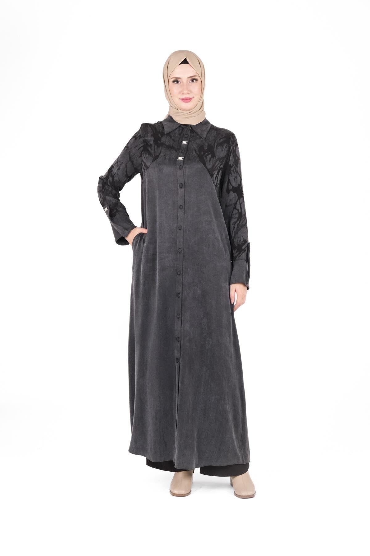 Self-Patterned Bow-Collar Modest Dress - Black - Beyza