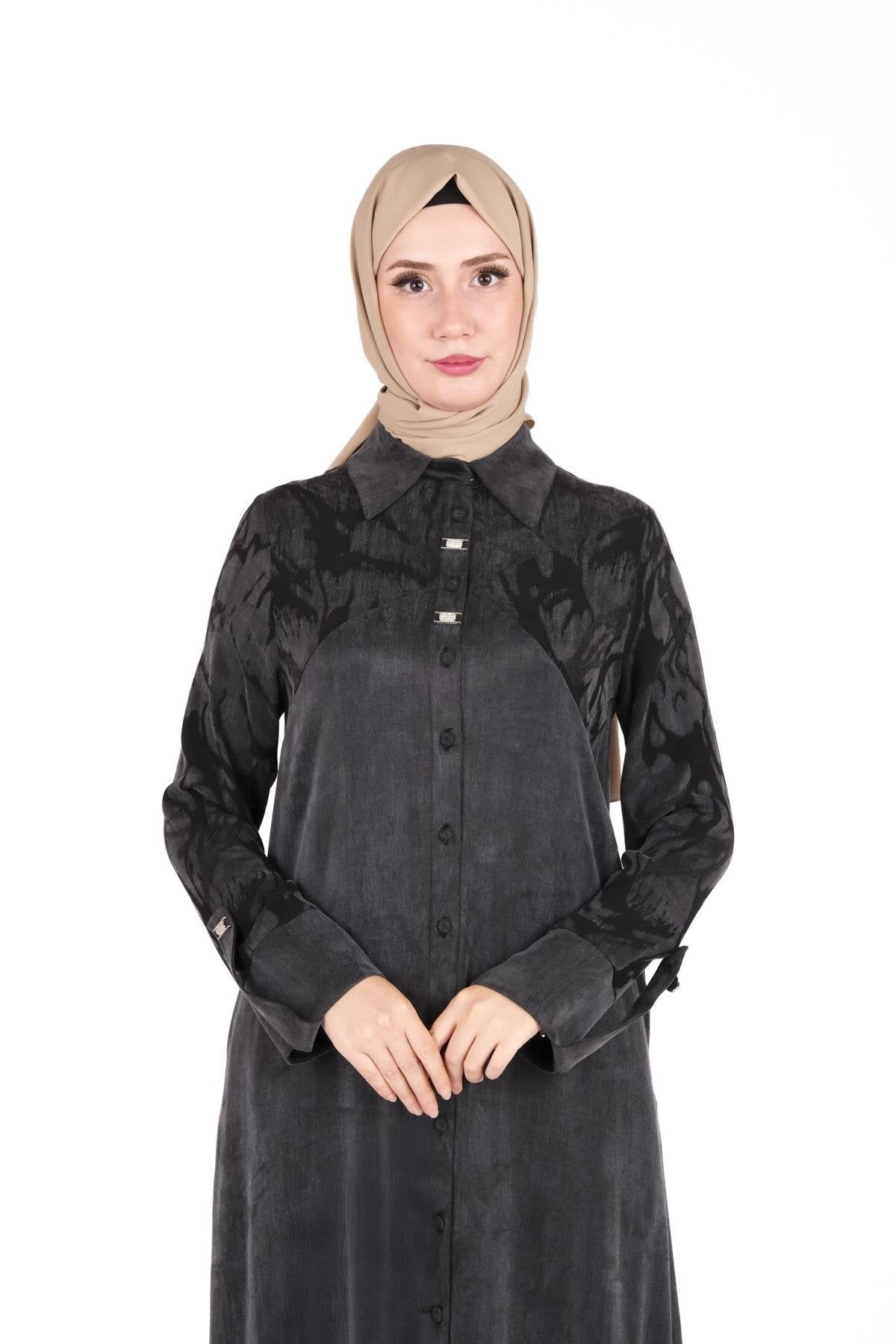 Self-Patterned Bow-Collar Modest Dress - Black - Beyza