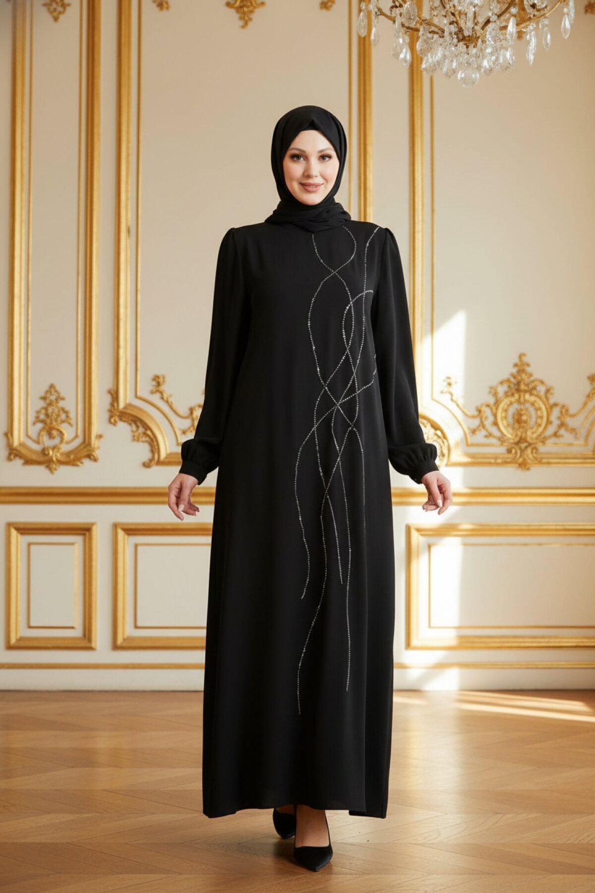 Shoulder Pleated Modest Evening Dress - Black - Beyza