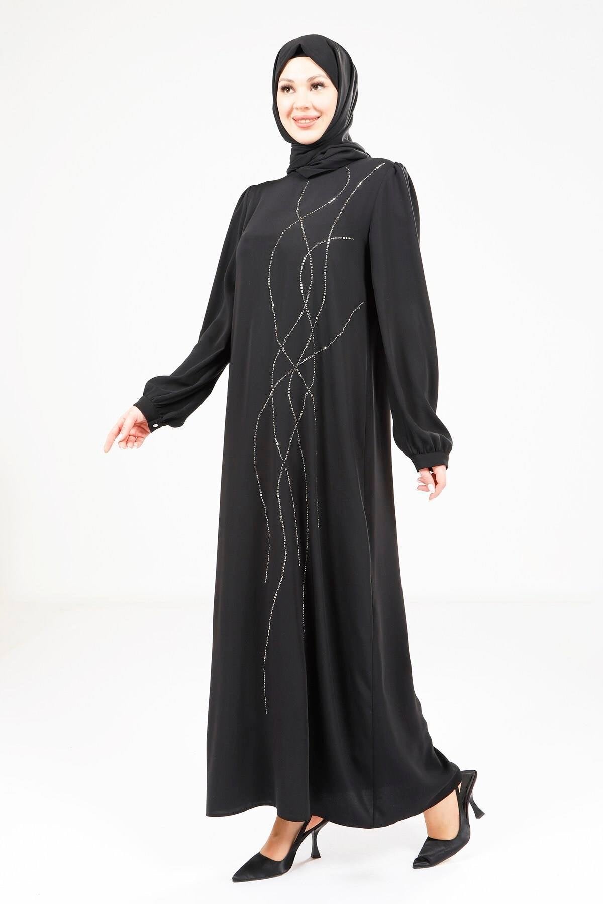 Shoulder Pleated Modest Evening Dress - Black - Beyza