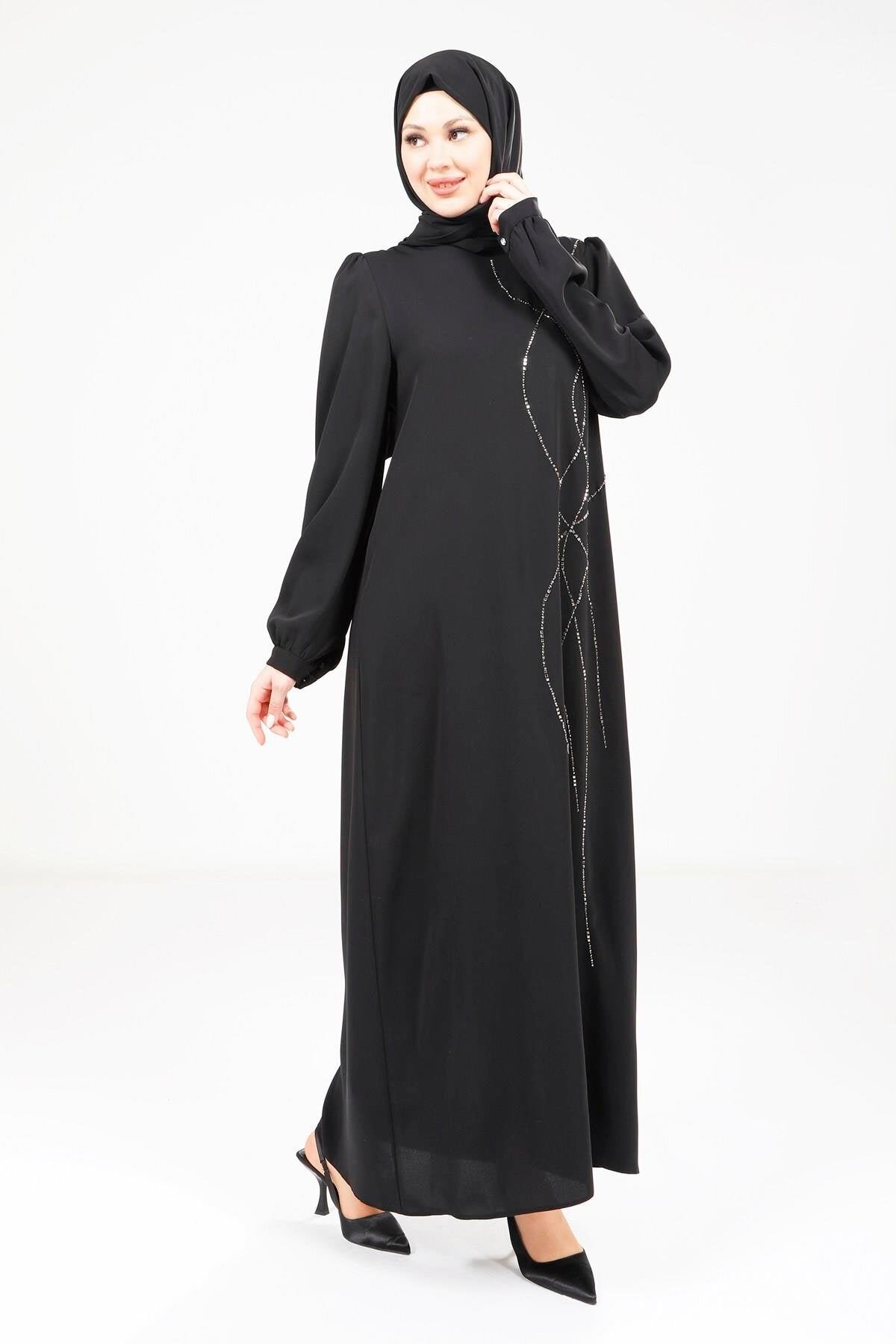 Shoulder Pleated Modest Evening Dress - Black - Beyza