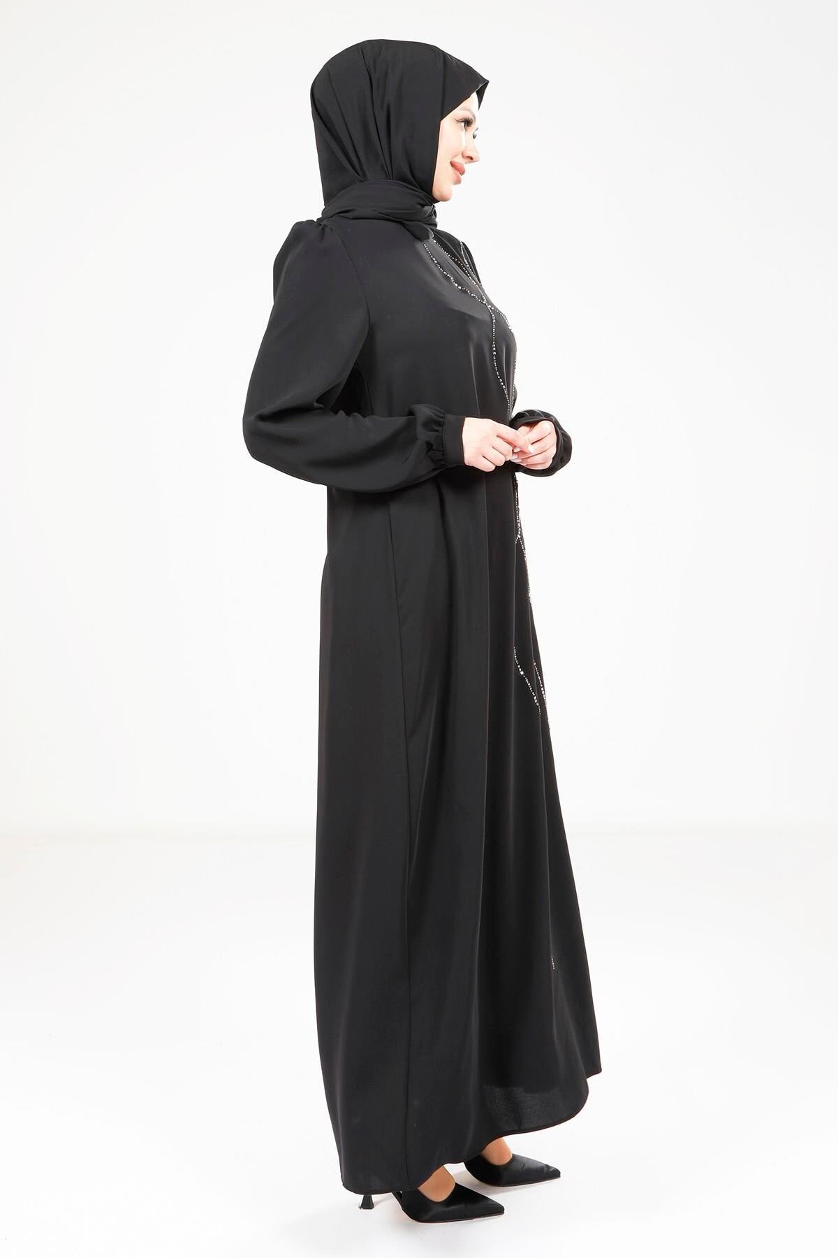 Shoulder Pleated Modest Evening Dress - Black - Beyza