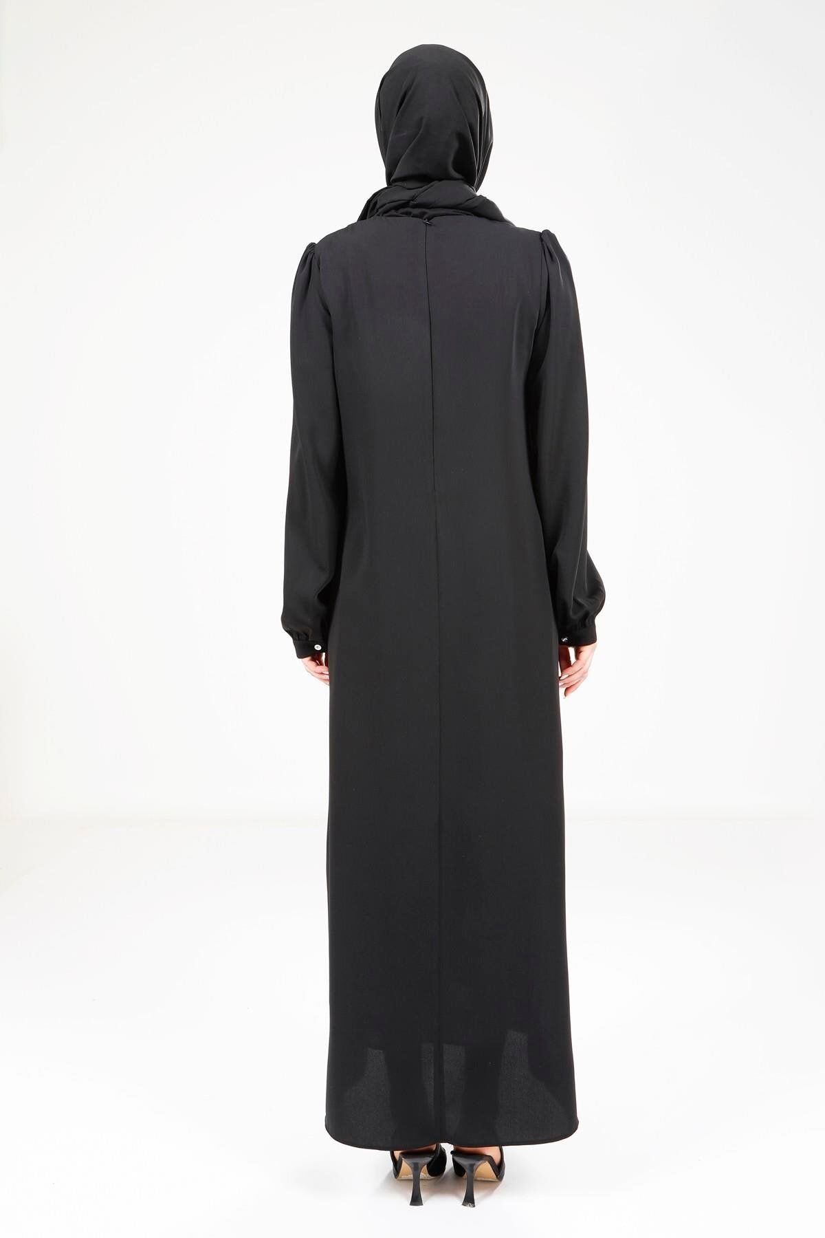 Shoulder Pleated Modest Evening Dress - Black - Beyza