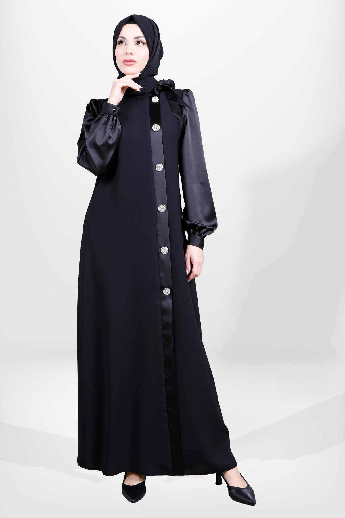 Stone Button Satin Detail Modest Evening Dress - Black - Beyza