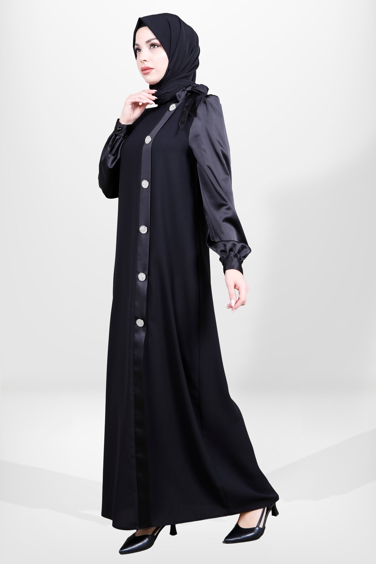 Stone Button Satin Detail Modest Evening Dress - Black - Beyza