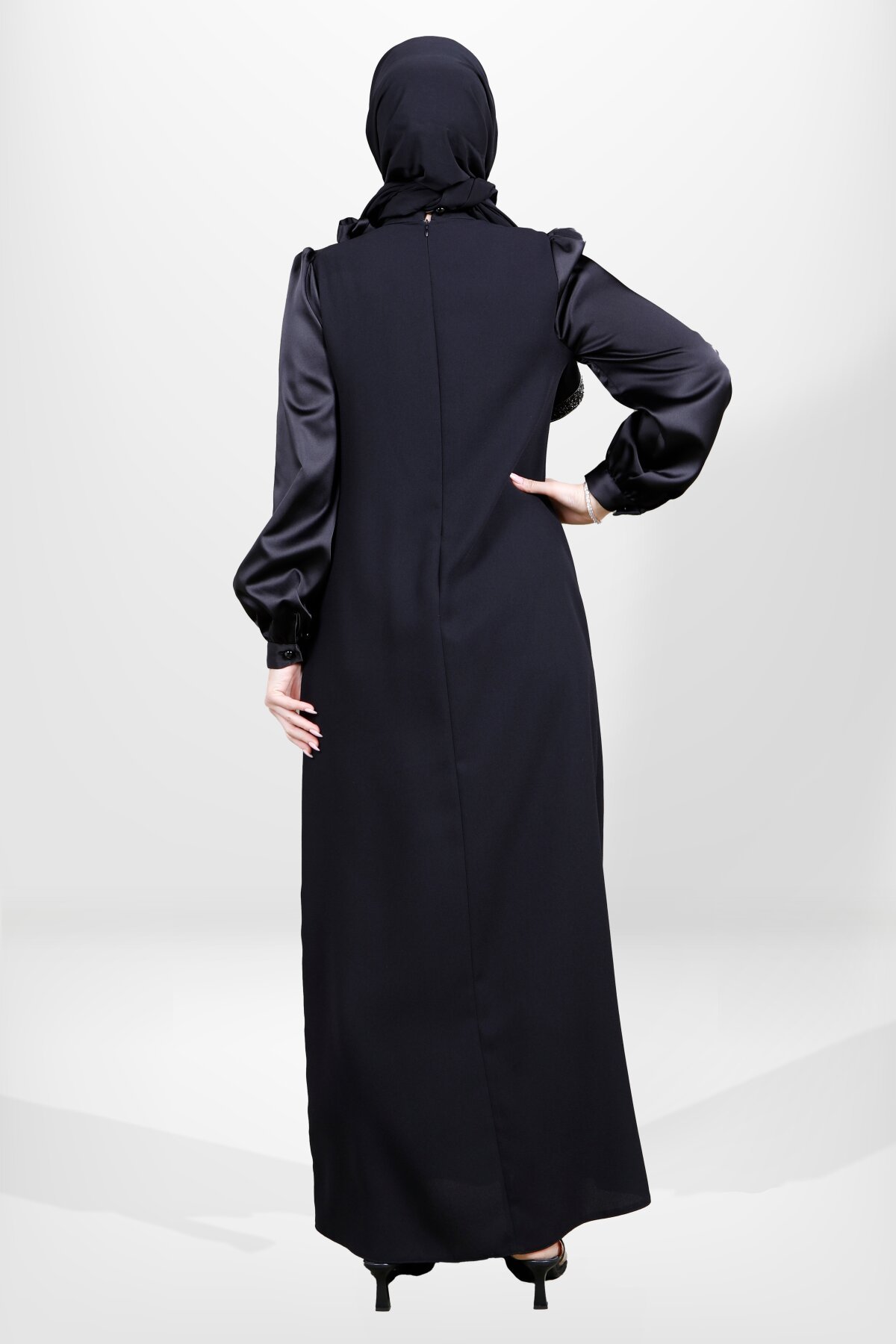Stone Button Satin Detail Modest Evening Dress - Black - Beyza