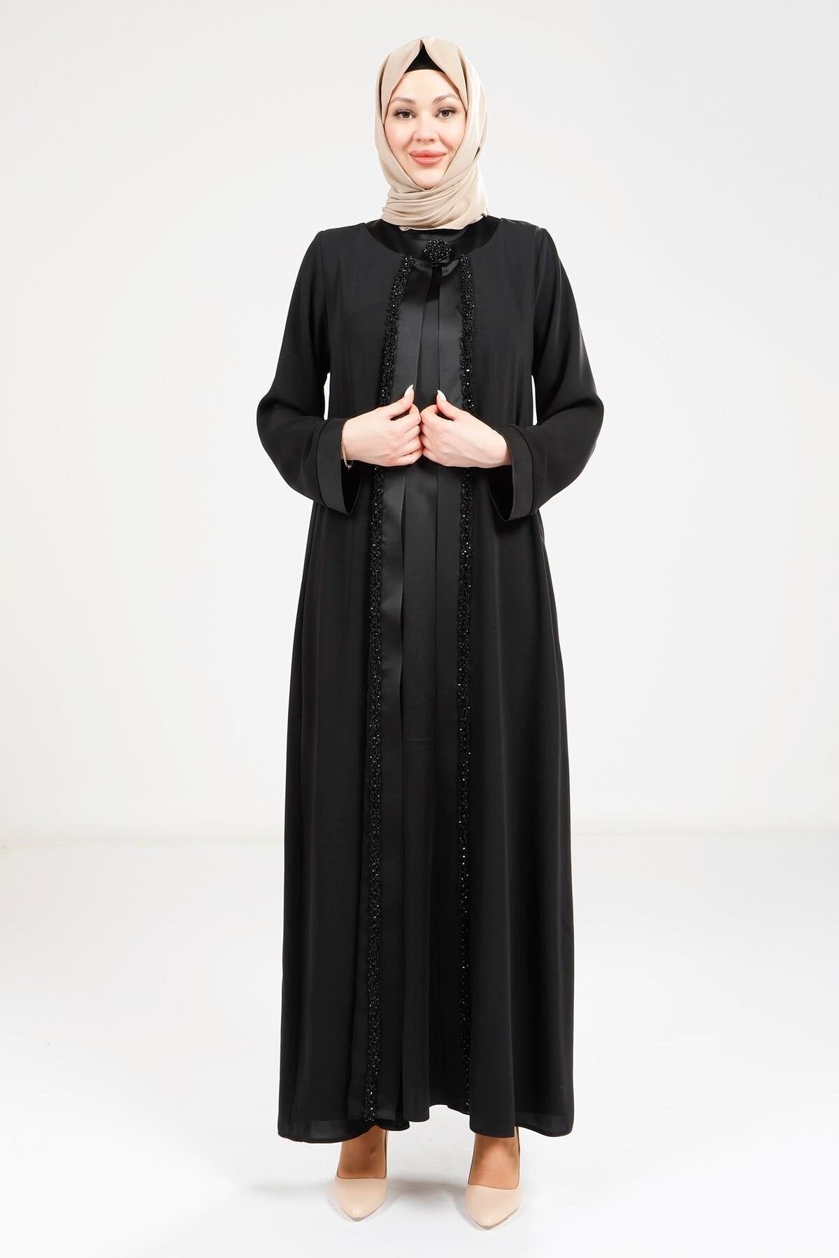Satin Dress Abaya - Black - Beyza