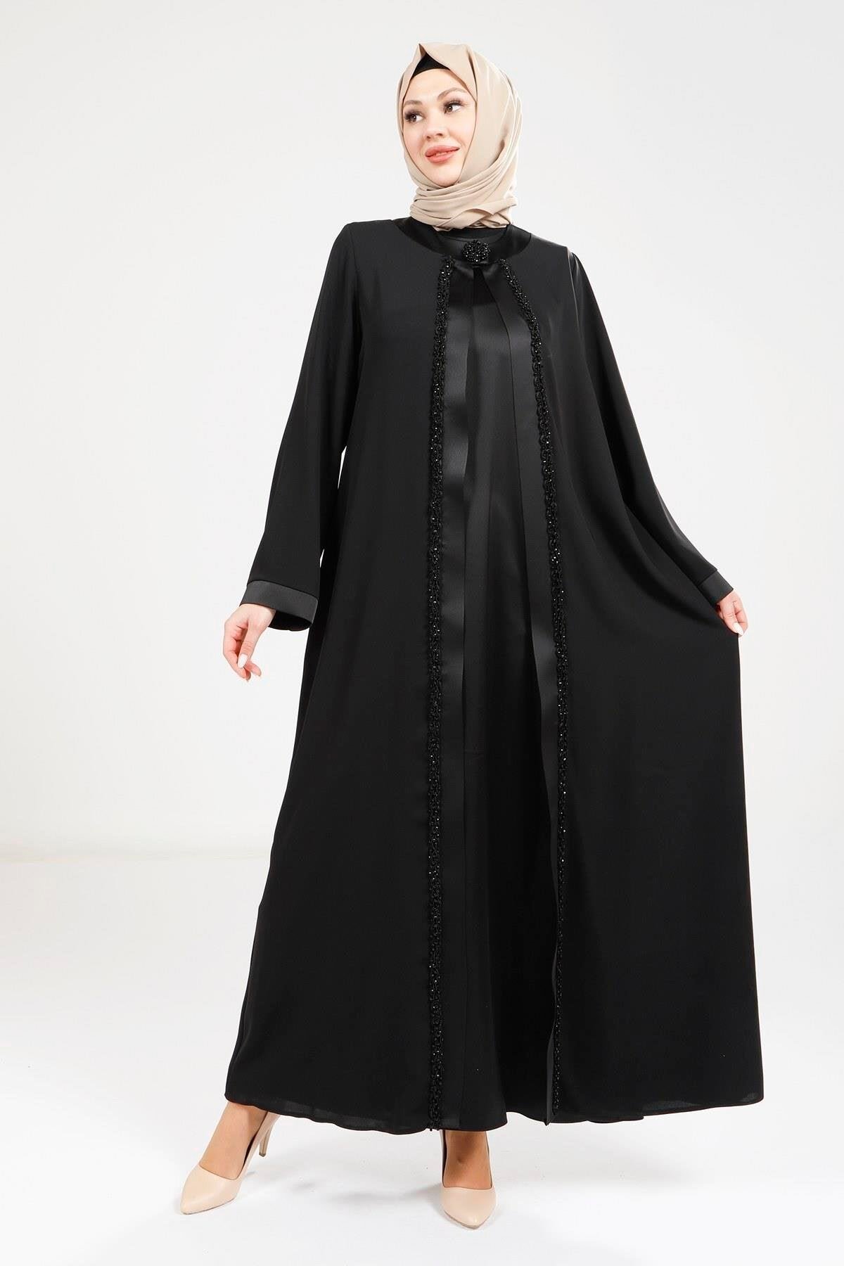 Satin Dress Abaya - Black - Beyza