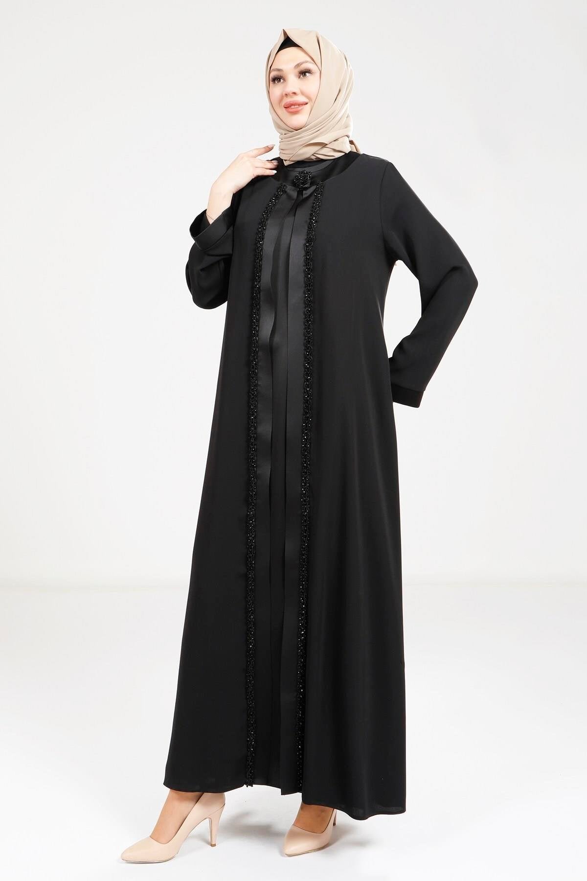 Satin Dress Abaya - Black - Beyza