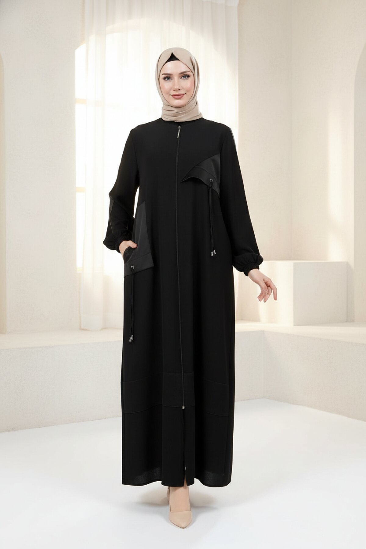 Satin-Trimmed Abaya - Black - Beyza